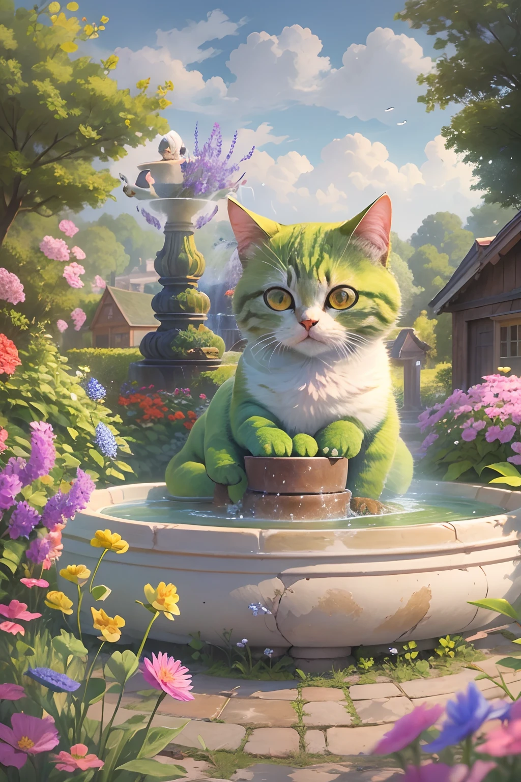 A round-eyed cute cat, Garden fountain, wildflowers, Distant houses