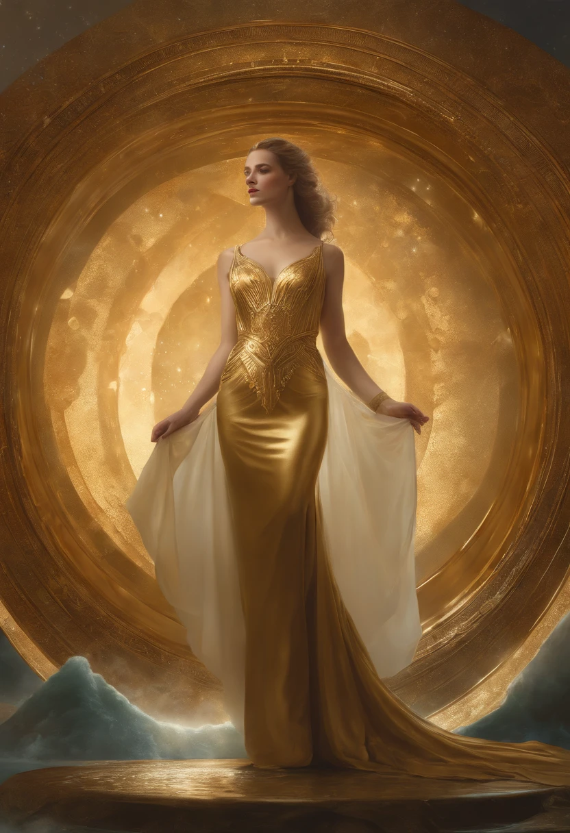 painting of a woman in a gold dress standing in a circle, digital art by Roberto Ferri, cgsociety contest winner, fantasy art, artgerm julie bell beeple, anna dittmann alberto vargas, karol bak uhd, hyperrealistic art nouveau, by tom bagshaw and boris vallejo, goddess of the sea, aphrodite goddess of love