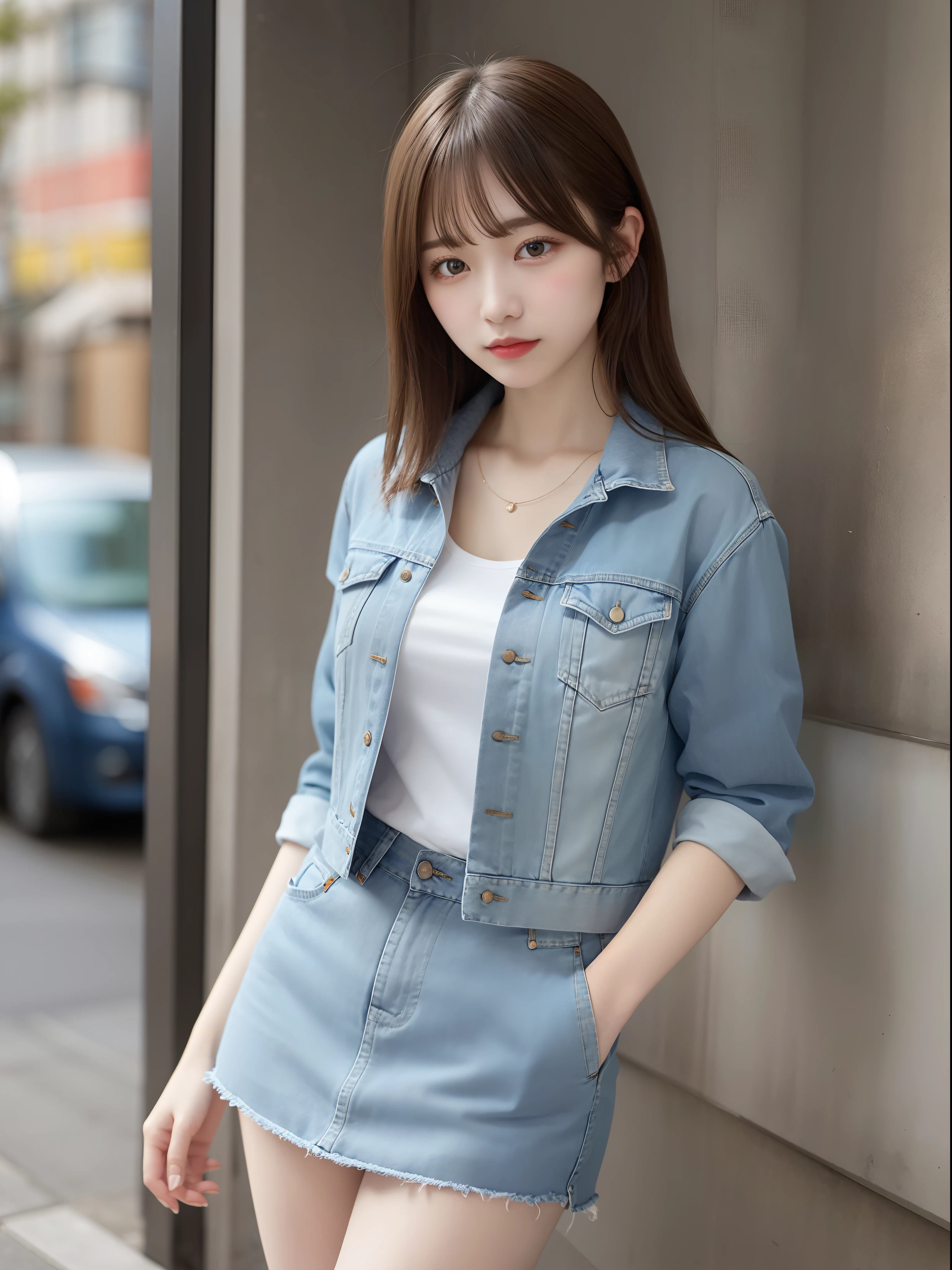 Elegant young woman、Serious look、Wearing a denim jacket、Wearing a denim miniskirt、Photograph the upper body