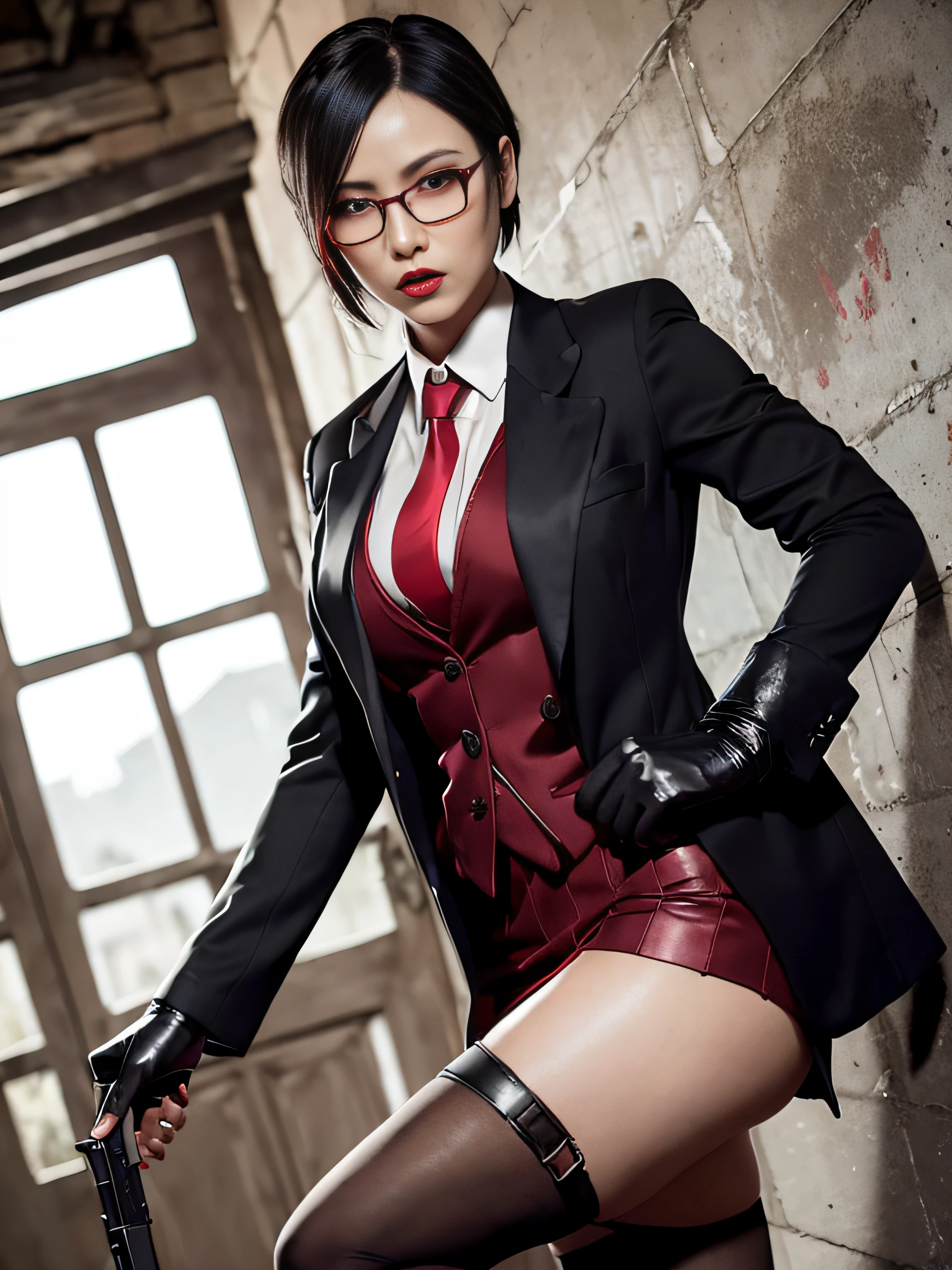 Bayonetta, short hair, glasses, 1girl, makeup, silky hair, fully clothed, skirt suit, suit and tie, (((three-piece suit))), silk dress shirt, shirt and tie, necktie, ((blazer)), ((suit jacket)) ((waistcoat)), bodycon miniskirt, pantyhose, tights, stockings, ((red lipstick)), ((pinstripe suit)), high heels, belt, tie clip, pocket square, tailored suit, (((black gloves))),