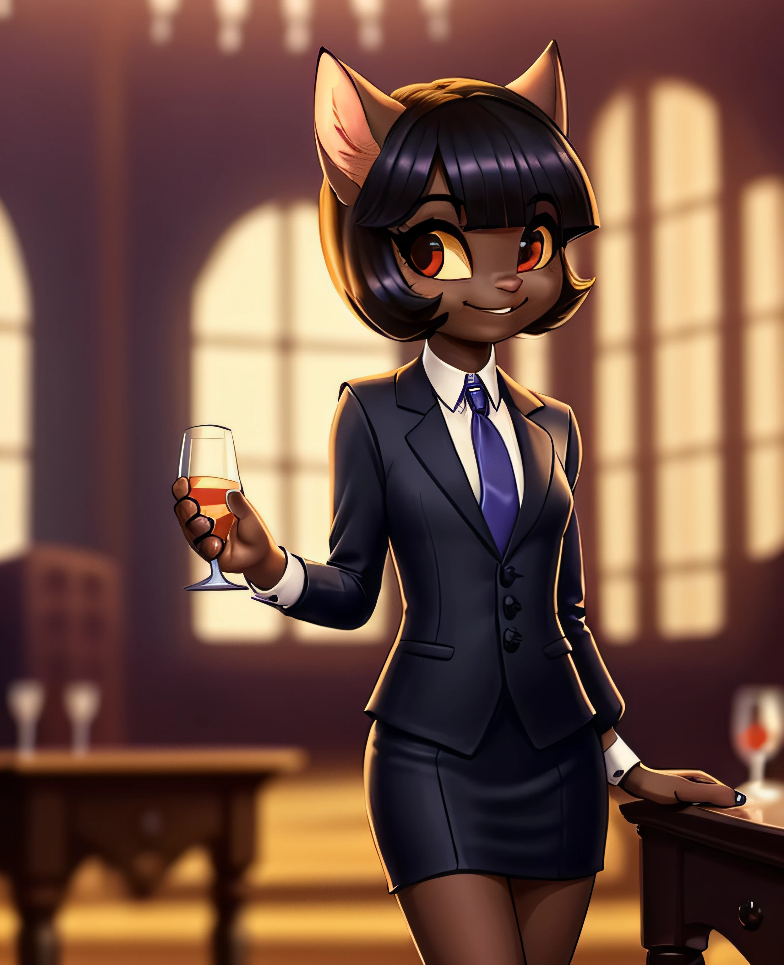 female, (Detailed face), (solo:1.1), [(thin:1.1) : small petite : (ivy pepper):4], (Detailed face), (more details, detailed background:1.1), (tail:1.1), smile, holding a glass in hand, skirt suit, suit and tie, (((three-piece suit))), silk dress shirt, shirt and tie, necktie, ((blazer)), ((suit jacket)) ((waistcoat)), bodycon miniskirt