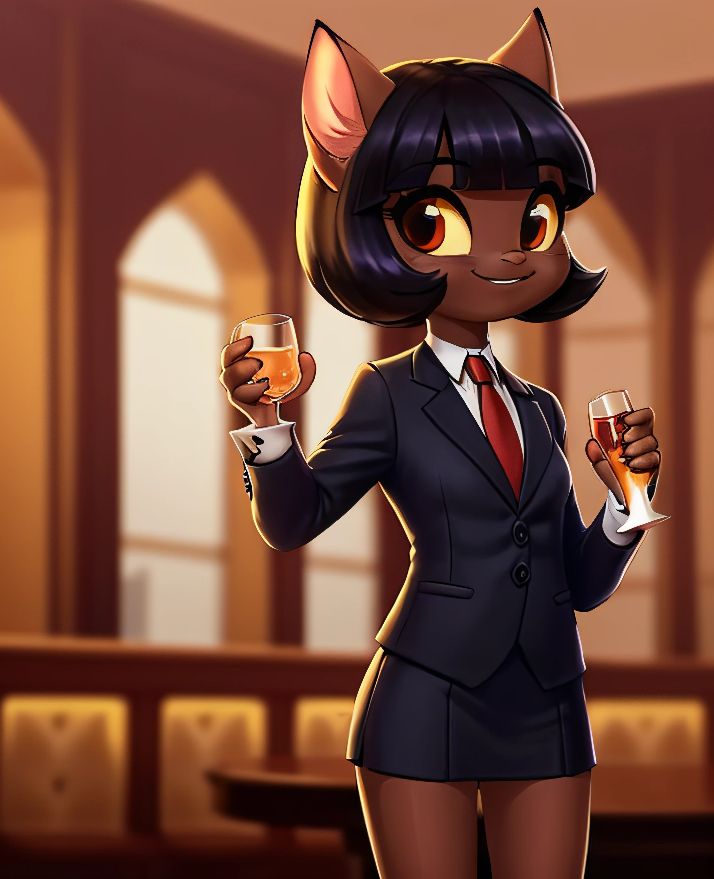 female, (Detailed face), (solo:1.1), [(thin:1.1) : small petite : (ivy pepper):4], (Detailed face), (more details, detailed background:1.1), (tail:1.1), smile, holding a glass in hand, skirt suit, suit and tie, (((three-piece suit))), silk dress shirt, shirt and tie, necktie, ((blazer)), ((suit jacket)) ((waistcoat)), bodycon miniskirt