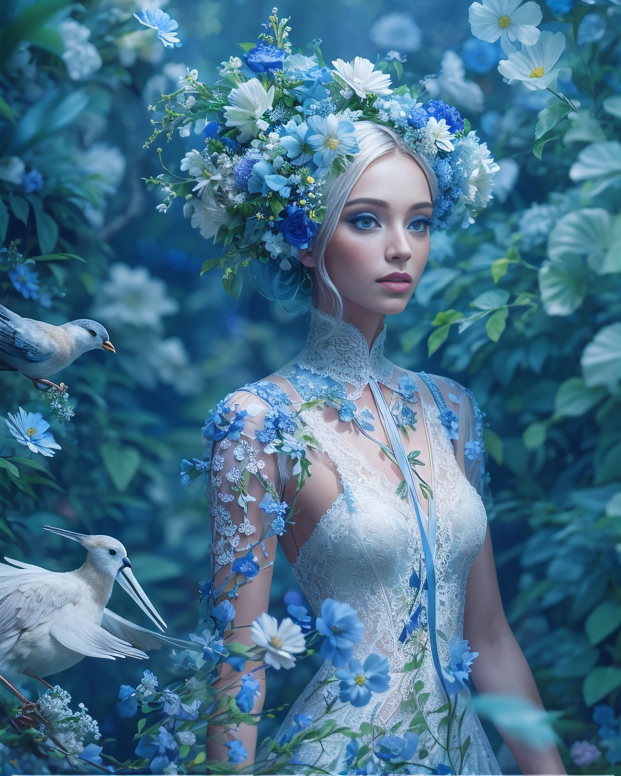 Fashion photo of blue human avatar, Entwined with flowers and blue ribbons, in a white lace dress, in the blue lush jungle with flowers and birds, 3d визуализация, ..........CGI, symmetric, Octane Render, 35 mm, bokeh, 9:16, (Complicated details: 1.12), HDR, (Complicated details, hyper-detailing: 1.15), (Natural leather texture, hyper realisitc, soft light, sharpness: 1.2), Side Shot.