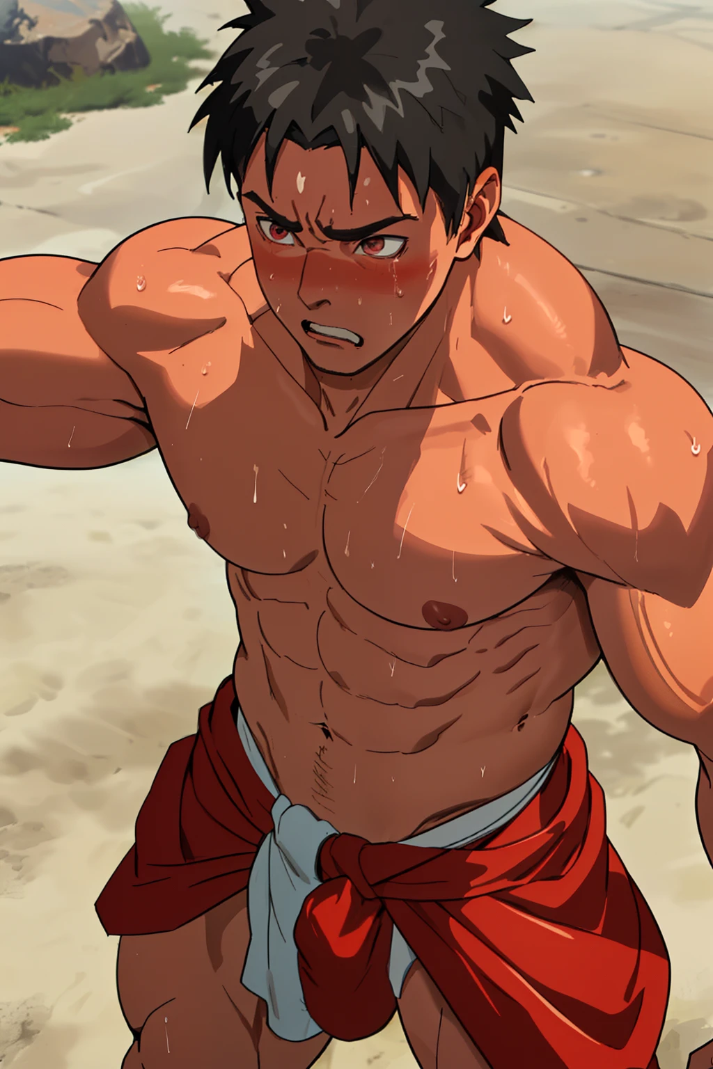 (photo angle from bottom up) (character in the center of photo) red skin, boy is shy and blushing, standing  [Anime photo] [highest quality photo] [4k  , HD image quality] wearing tight loincloths, loincloths bulging due to bulging genitals, sexy, seductive, bodybuilder, super giant and muscular muscles contrasting with cute face, sinewy muscles  like exploding, muscular muscles, muscles bulging as if about to explode, standing, lots of sweat flowing down, sweating profusely, drenched in sweat, lots of sweat running down the body, shirtless, hot sun,  cold face, lying down