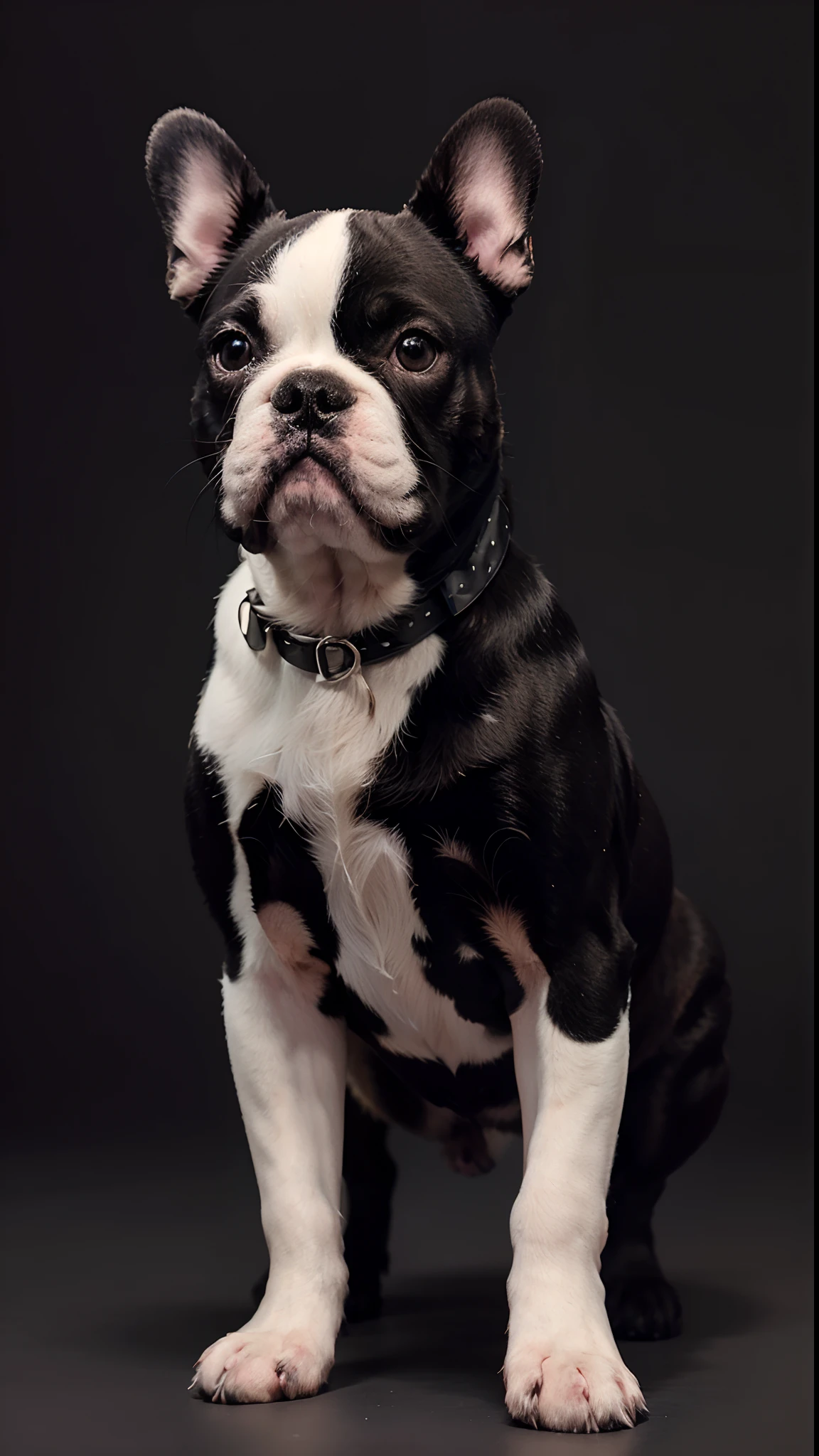 A french bulldog, full body pose, vectorized, with white and black spots. (best quality, ultra-detailed, photorealistic), portrait style, vibrant colors, with soft lighting. --auto