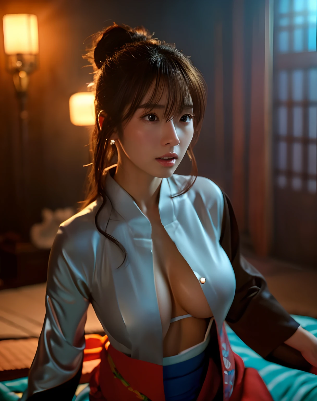 Best Quality,8K,Realistic:1.37) ,Long hair,Brown hair, Colossal tits:1.5,Dim lighting,darkened room,kimono,花魁,valley,Thin open eyes,Open mouth,Shyness,Depression,japanes,sun burn、(Tecateca、The sheen、shiny,Glossy),full of sweat,full of sweat,real looking skin,Ear-piercing