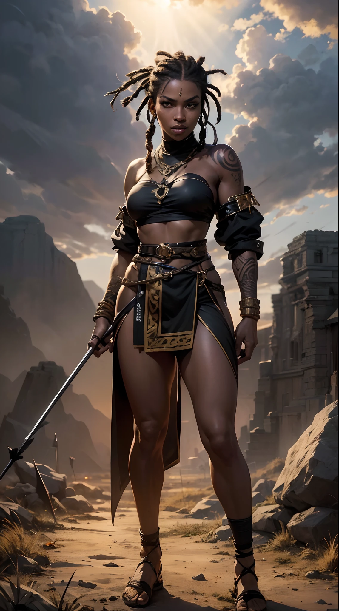 A full body ebony woman, ((standing:2)), (holding a spear:1.7), (happyness look:0.8), (wearing battle outfit:1.1), (elaborated dreadlock hairstyle:1.5), (feline teeth:0.9), (tribal tattoo:1.1), sunrise backgroud, sunray, hyper detailed, hyper realistic, look at the the viewer, 4k, wide depth of field, radiant mapping, high dynamic range, masterpiece,