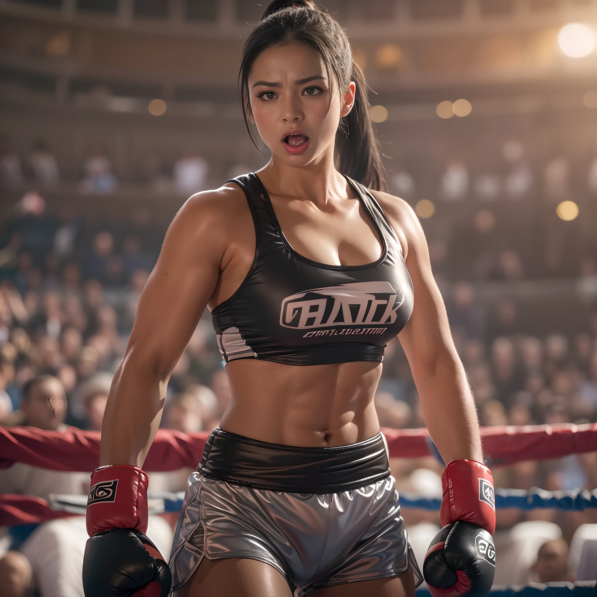 8k, best quality, masterpiece, realistic, real person, Unity 8k wallpaper, (1 girl) , Beautiful eyes, (Delicate face) , Perfect detail, (best lighting) , (super complex details) , (boxing girl) , (sexy), sweat, heavy breathing, ((screaming with big mouth open))))(oppressive aggression) , (boxing ring), athletic shorts, perfect detail, perfect fingers, perfect limbs, impact, (shiny skin), abs, muscles, big tits, waistline,boxing shorts, fist fight, black hair, high ponytail, very long hair, 4k unified, (super detail cg: 1.2), (8k: 1.2), realistic, octane rendering, (((martial arts tournament at the Greek Colosseum))), sunshine strong, audience seats are super full