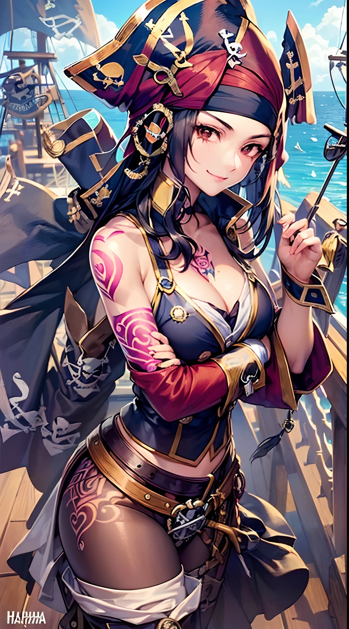 ((Finest quality)),(超A high resolution),(ultra-detailliert),(Meticulous portrayal),((Best CG)),(Finest works of art),Ultra-Precision Art,The art of astounding depiction, (Haihara:1.8),suns:1.5,breezing, (1 Female Pirate:1.5),Female Pirate:1.6,Grinning face,(The tattoo:1.5), (She stands on the deck of a pirate ship:1.6)