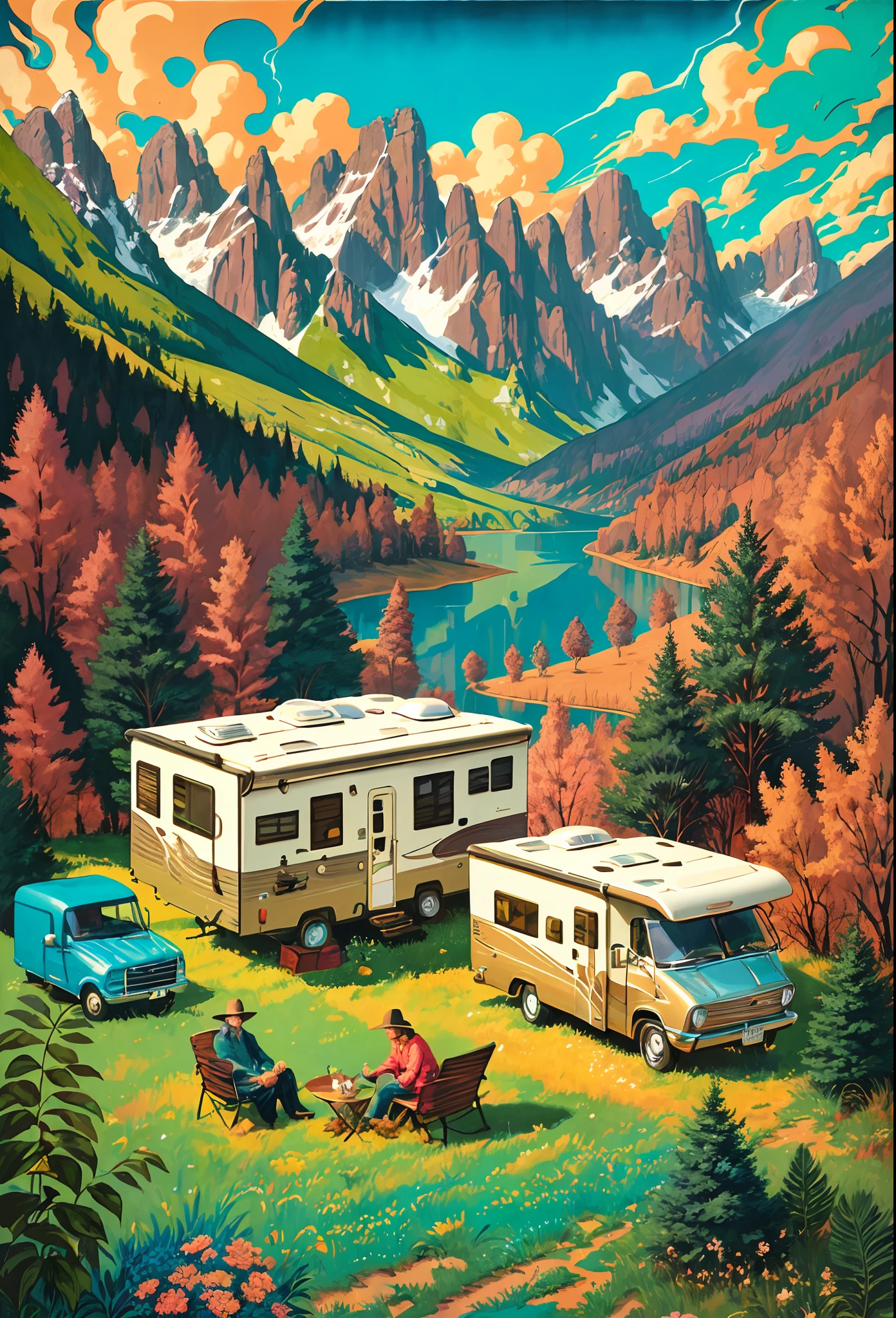 There were two motorhomes parked in the fields by the lake, jen bartel, author:Trevor Brown, inspired by Brothers Hildebrandt, Stylized digital illustration, inspired by Brothers Hildebrandt, beautiful retro art, bussiere rutkowski andreas rocha, Inspired by Trevor Brown, Commercial illustration, Detailed 2D illustration, author:Marshall Arisman