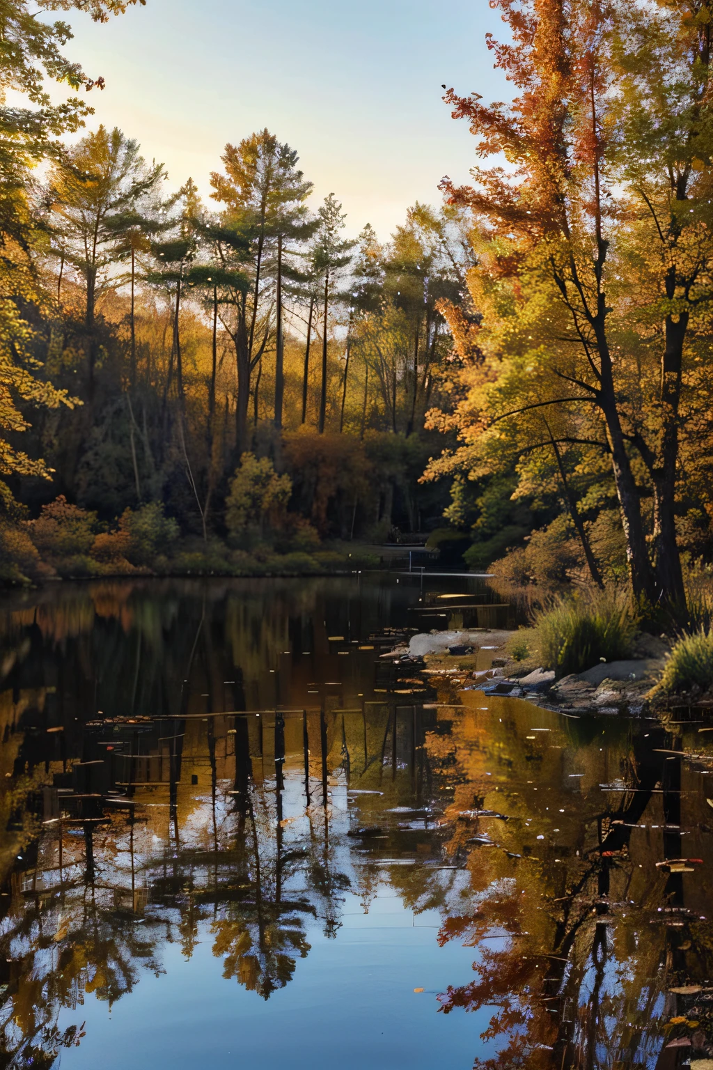 Painting Wildlife, Sundown, Colorful autumn forest, November, A pond with a waterfall, Mirror reflection of the forest in the pond