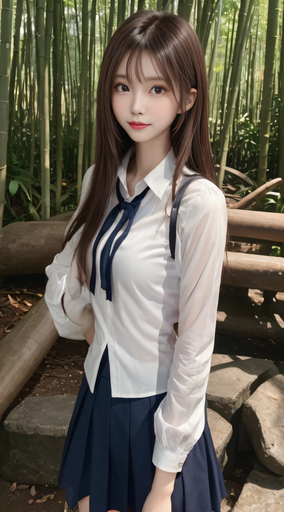 1womanl, (middlebreasts), light brown hair, Blunt bangs, hair behind ear, hair over shoulder, (Long hair),wetting hair,( slender body shape), (Ultra Fine Face), Delicate lips,(beautidful eyes), thin blush, Brown eyes, (shinny skin, flawless skin :1.3),hide one's hands,(white shirt, Dark blue flared skirt),(Japan Schoolgirls),Smile,,bustshot,(bamboo forrest:1.5)
