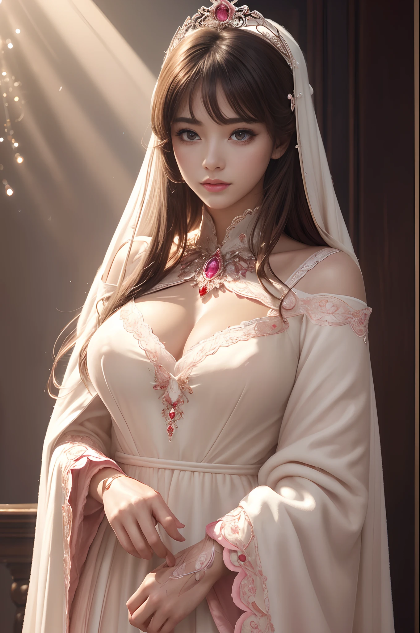 (masterpiece:1.2)、top-quality、(illustratio:1.2)、(ultra-detailliert)、Eye Focus、(Masterfully crafted Glow、pink lens flare)、(Cinematic background)、Hyper-detailing、(delicate detail)、(intricate detailes)、octan render、HDR、(Hyper-detailing:1.15)、(softlight:1.2)、Super Beautiful Princess,Woman in a very beautiful red and white dress、Golden decoration(super model:1.3)、Woman made up of paint、entirely paint、Splat、Splash、(bionde:1.1)、(radiant eyes)、((make - up))、(cinematic masterpiece)、Delicate and powerful、 (Cinematic headlight)、((Caustic))、dynamic ungle、Beautiful detailed glow、ambient occlusion、ambient lights、ray trace reflection、(best illumination、extremely delicate and beautiful)、((ciinematic light))、(The soft:2)、vivid、highly contrast、back lighting、huge tit、Complex detailed EABA、red cloak、Silver tiara