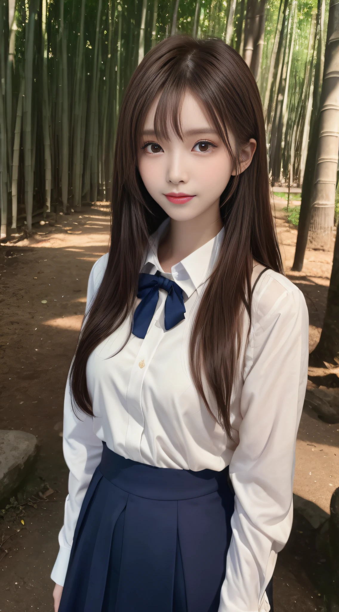 1womanl, （middlebreasts）, light brown hair, Blunt bangs, hair behind ear, hair over shoulder, （Long hair）,wetting hair,（ slender body shape）, （Ultra Fine Face）, Delicate lips,（beautidful eyes）, thin blush, Brown eyes, （shinny skin, flawless skin :1.3）,hide one's hands,（white  shirt,  Dark blue flared skirt),(Japan Schoolgirls),Smile,,bustshot,（bamboo forrest:1.5）