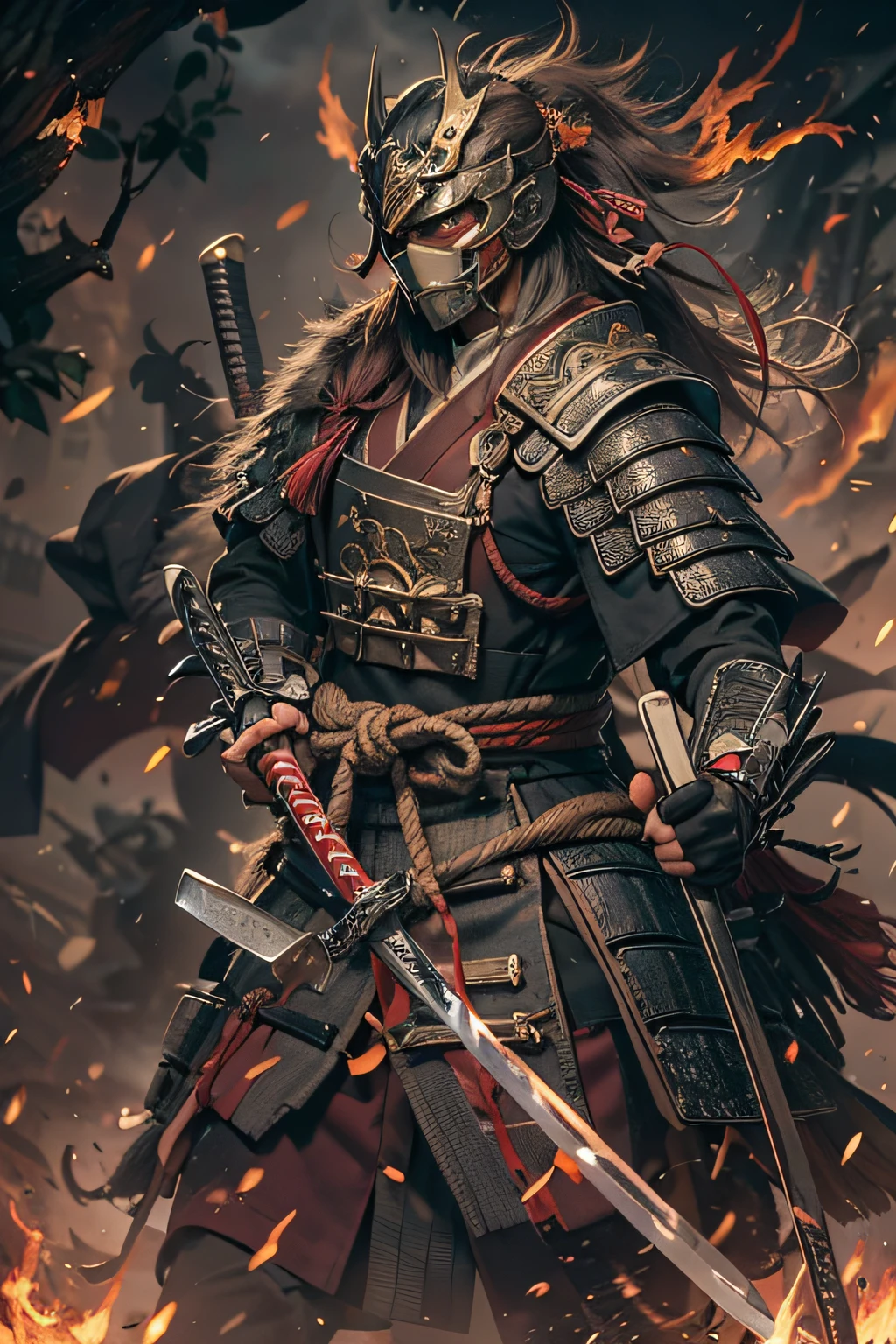 ,k hd,16k,tmasterpiece,Samurai of Japan,masks,Pull the knife,Lightning and flames,Battle flag,warrior,mtu