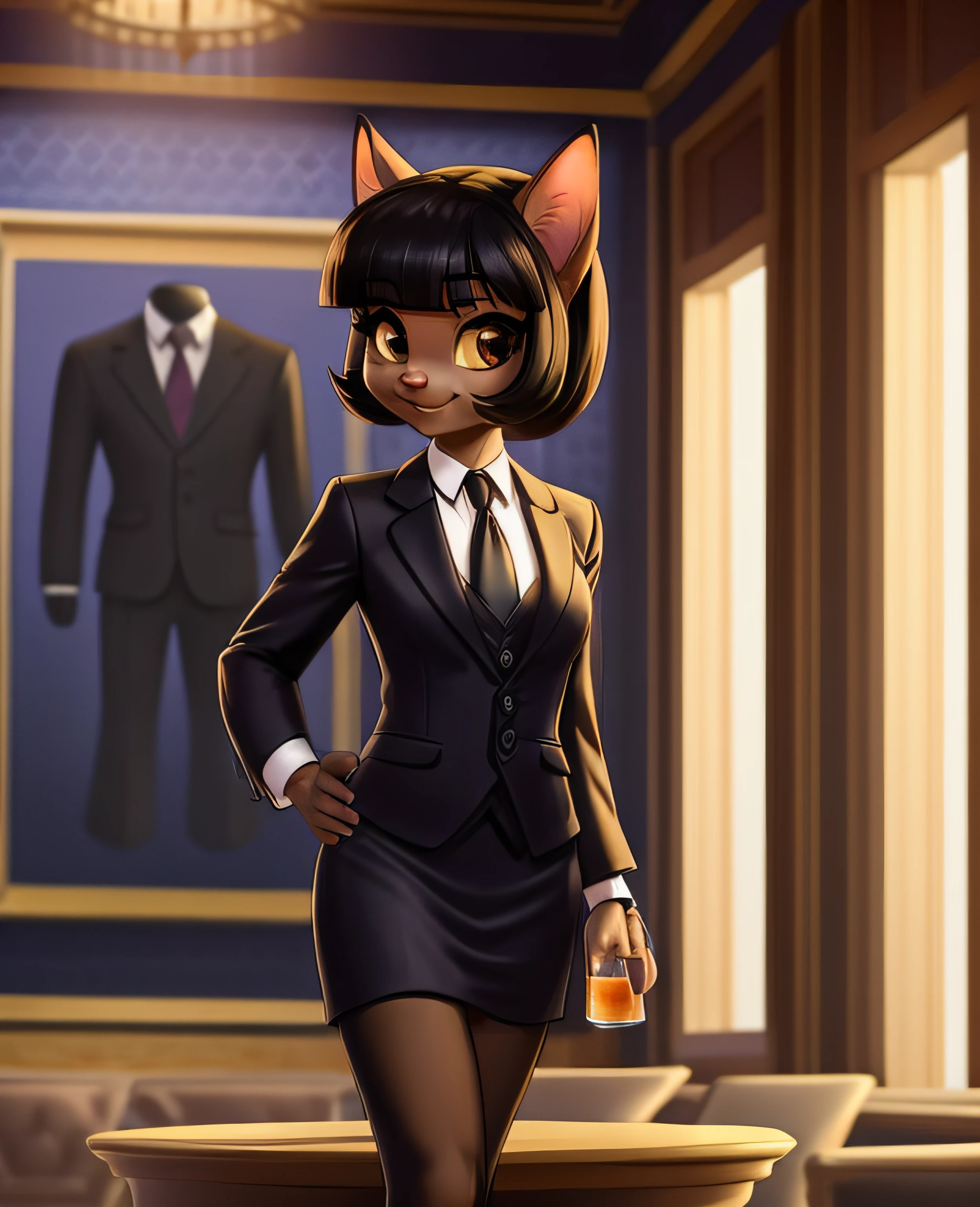 female, (Detailed face), (solo:1.1), [(thin:1.1) : small petite : (ivy pepper):4], (Detailed face), (more details, detailed background:1.1), (tail:1.1), smile, holding a glass in hand, skirt suit, suit and tie, (((three-piece suit))), silk dress shirt, shirt and tie, necktie, ((blazer)), ((suit jacket)), open jacket, ((waistcoat)), bodycon miniskirt, tights,