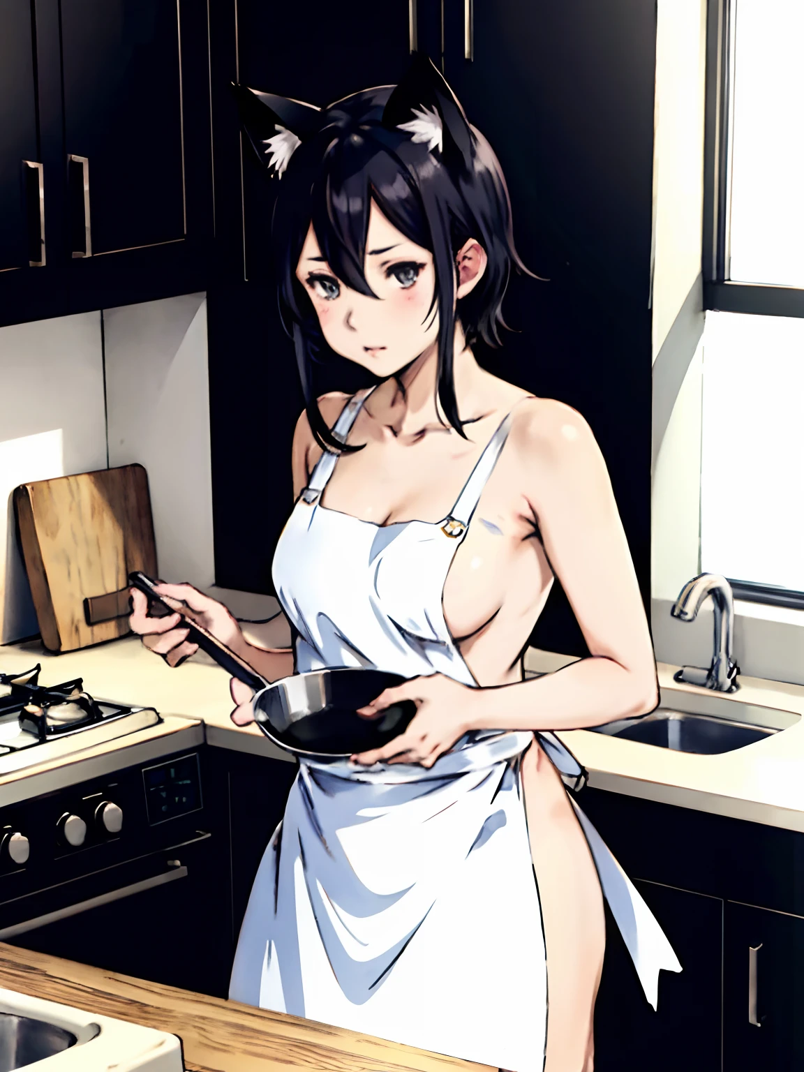 animemanga girl,at the kitchen,Naked,wearing a white apron,pans,Delicate facial features,black color hair,cat ear