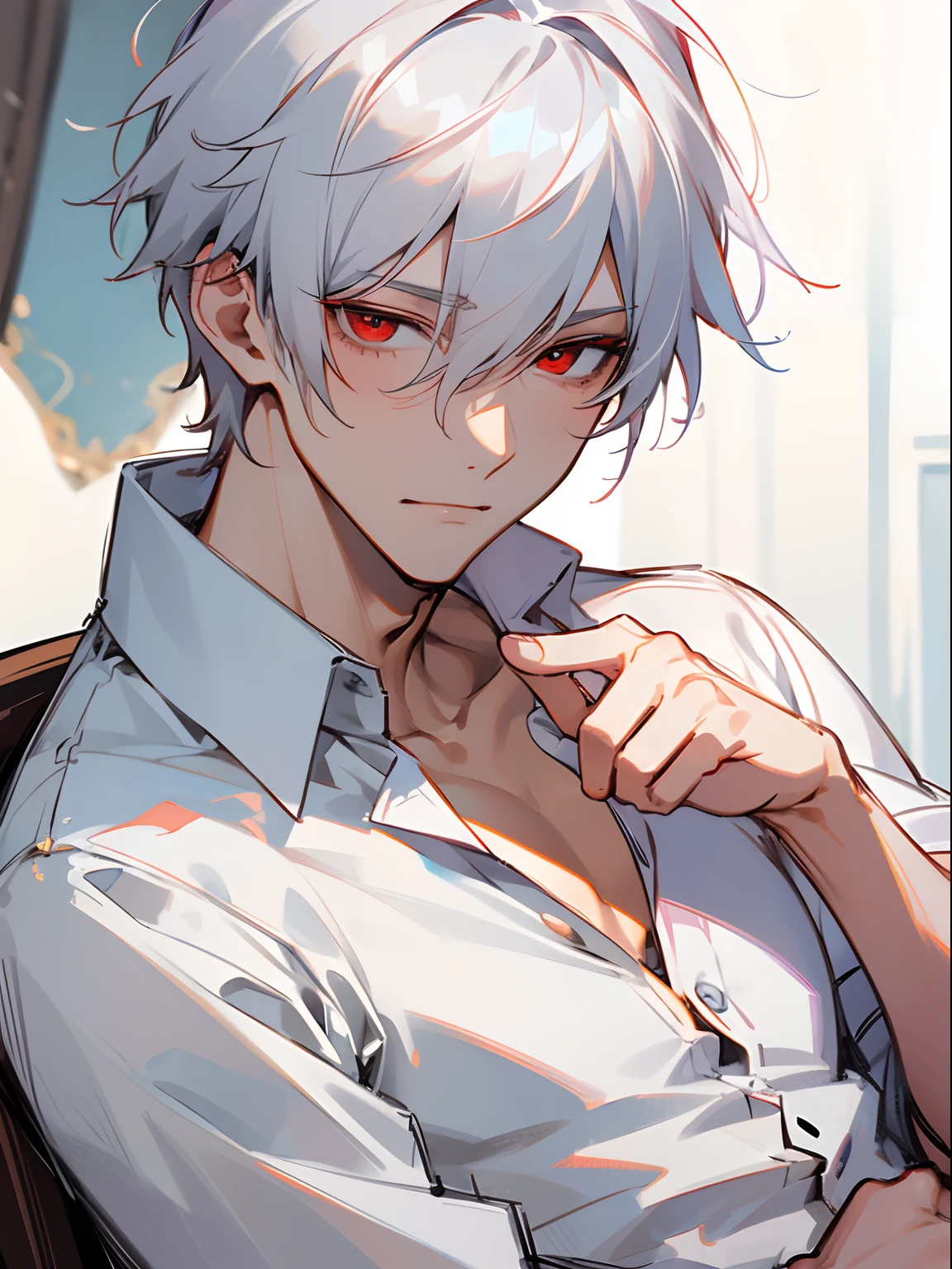 Ultra Detail,Haig Quality,sketch,1boy,matured male,Beautiful face,white hair,Handsome men,Pearl skin,white shirt,red eyes,Like a cat's eye,male in his 20s,relax in home