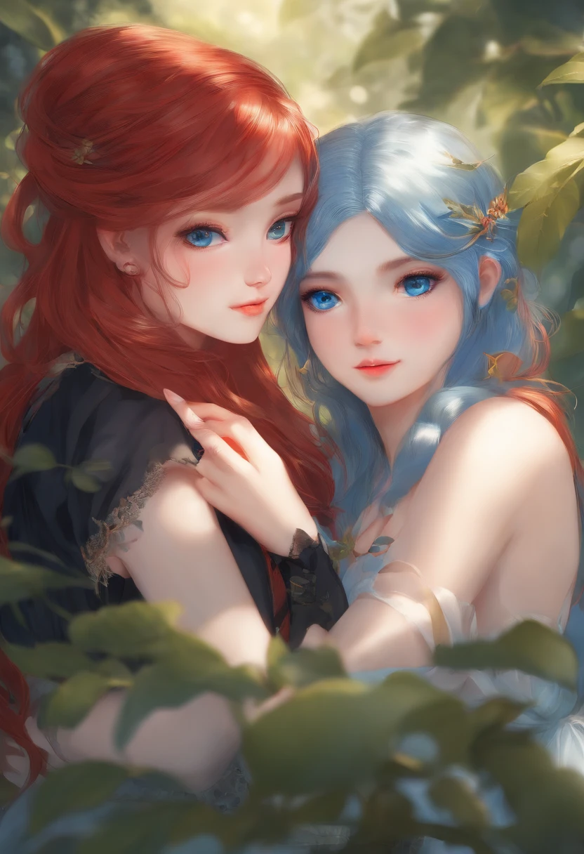 Red-eyed red-haired beautiful girl and blue-eyed blue-haired beautiful girl, chum
