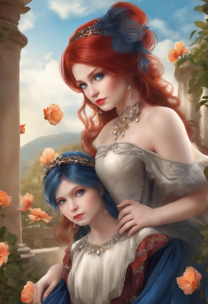 Red-eyed red-haired beautiful girl and blue-eyed blue-haired beautiful girl, chum