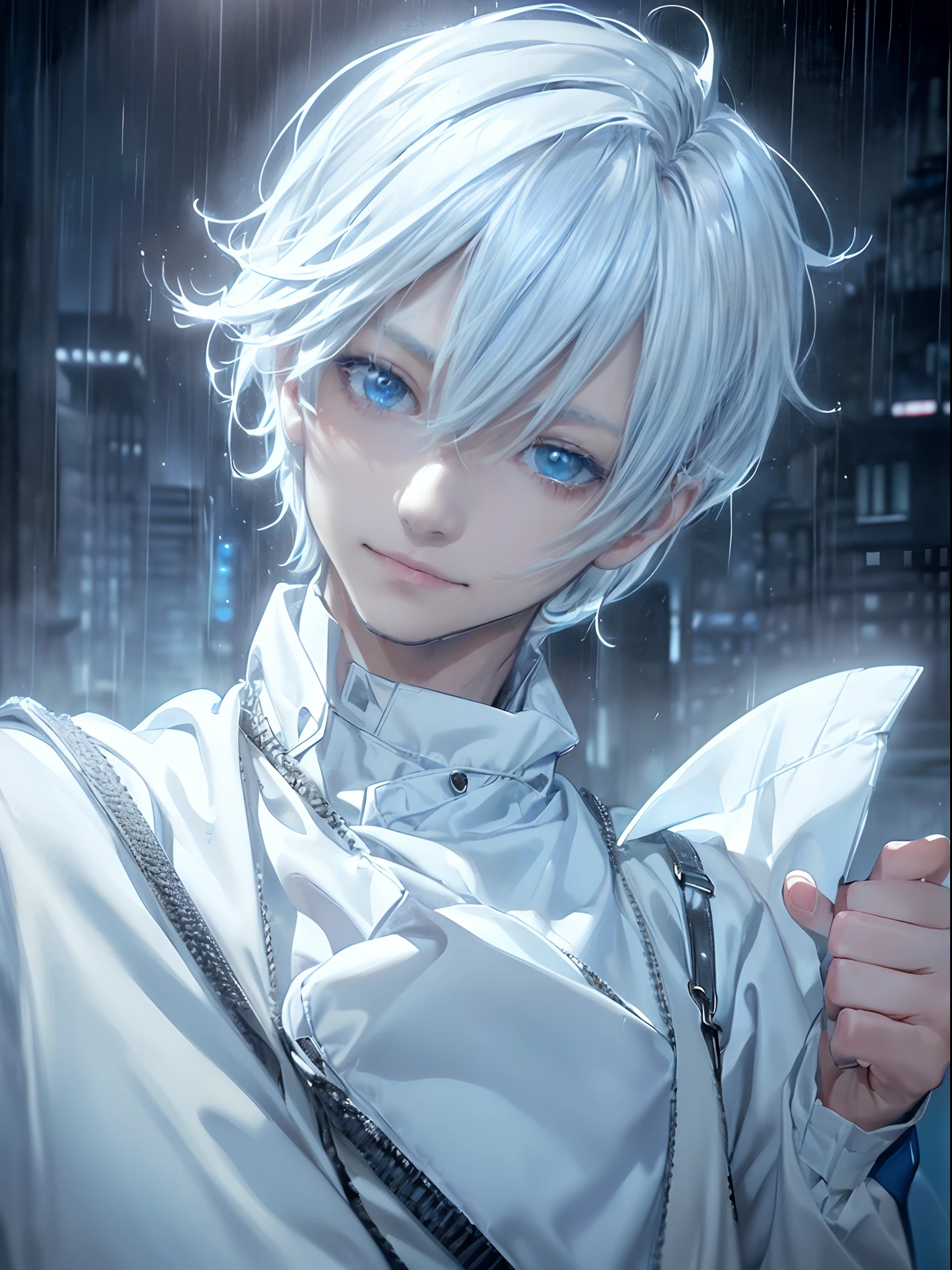 ((4K works))、masterpiece、(top-quality)、One beautiful boy、Slim body、tall、((Black Y-shirt and white pants、Charming street style))、Please wear one jacket、Wearing a hood to hide his face、(Detailed beautiful eyes)、Morning City、((Rainy city))、Fashionable city with morning rain、((Bright, Cloudy sky))、((Face similar to Carly Rae Jepsen))、((Short-haired white hair))、((Smaller face))、((Neutral face))、((Bright blue eyes))、((American adult male))、((Adult male 26 years old))、((Cool Men))、((Like a celebrity))、((Smiling expression))、((Korean Makeup))、((elongated and sharp eyes))、((Happy dating))、((boyish))、((Upper body photography))、Professional Photos、((Model photo))、((Focus zoom on face))、((Face enhancement))、((Face Close-up))、((Shot alone))、((He's under the roof))、((shot from front))、((He stares at the viewer))、((Bring your face closer to the camera、Smile with a wand on your cheek))、((He sits in front of the viewer))