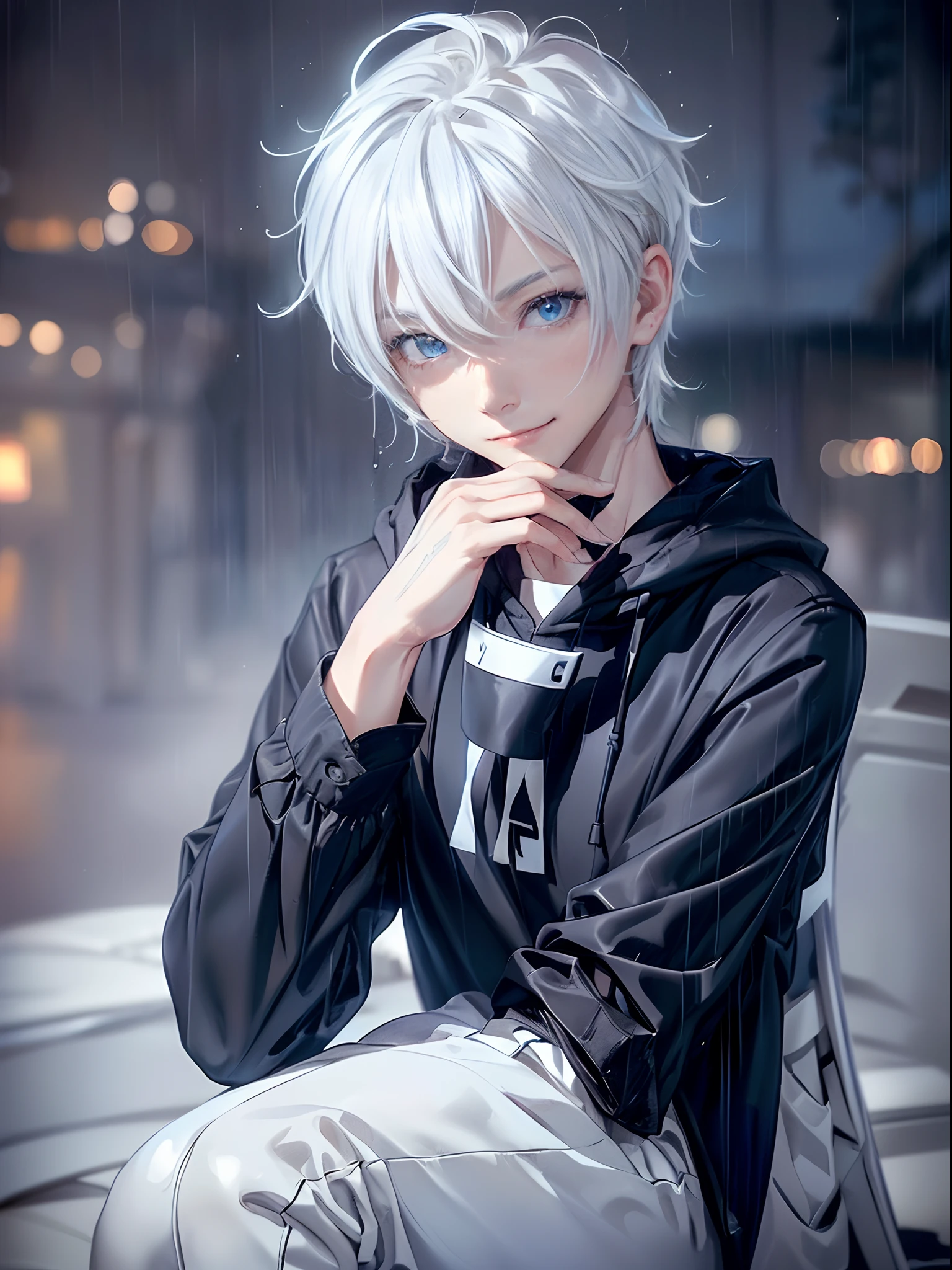((4K works))、masterpiece、(top-quality)、One beautiful boy、Slim body、tall、((Black Y-shirt and white pants、Charming street style))、Please wear one jacket、Wearing a hood to hide his face、(Detailed beautiful eyes)、Morning City、((Rainy city))、Fashionable city with morning rain、((Bright, Cloudy sky))、((Face similar to Carly Rae Jepsen))、((Short-haired white hair))、((Smaller face))、((Neutral face))、((Bright blue eyes))、((American adult male))、((Adult male 26 years old))、((Cool Men))、((Like a celebrity))、((Smiling expression))、((Korean Makeup))、((elongated and sharp eyes))、((Happy dating))、((boyish))、((Upper body photography))、Professional Photos、((Model photo))、((Focus zoom on face))、((Face enhancement))、((Face Close-up))、((Shot alone))、((He's under the roof))、((shot from front))、((He stares at the viewer))、((Bring your face closer to the camera、Smile with a wand on your cheek))、((He sits in front of the viewer))