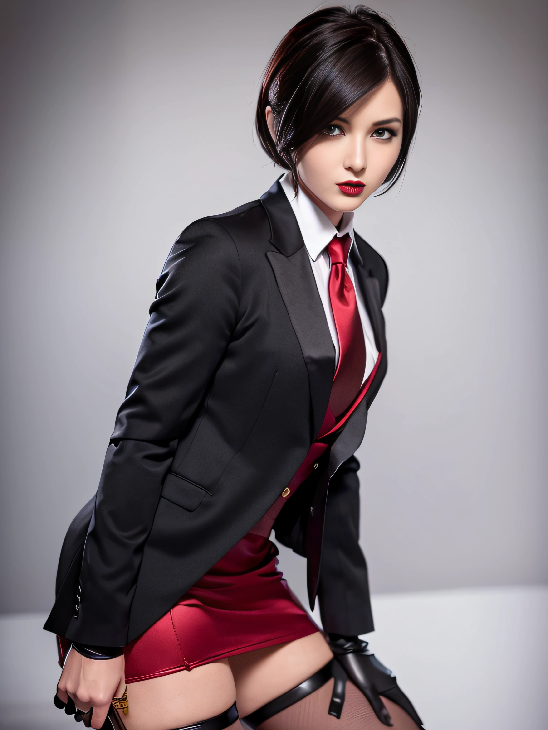 Resident Evil 4, Ada Wong, 1girl, makeup, silky hair, fully clothed, skirt suit, suit and tie, (((three-piece suit))), silk dress shirt, shirt and tie, necktie, ((blazer)), ((suit jacket)) ((waistcoat)), bodycon miniskirt, pantyhose, tights, stockings, ((red lipstick)), ((pinstripe suit)), high heels, belt, tie clip, pocket square, tailored suit, (((black gloves))),