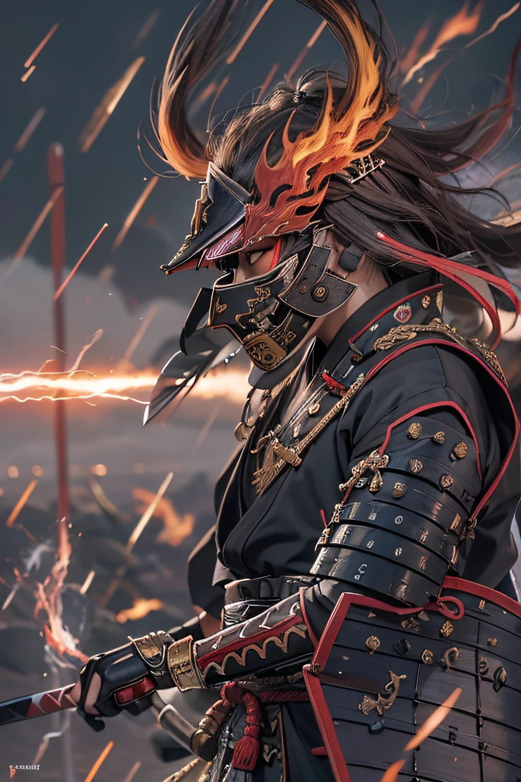 ,k hd,16k,tmasterpiece,Samurai of Japan,masks,Pull the knife,Lightning and flames,Battle flag,warrior,mtu