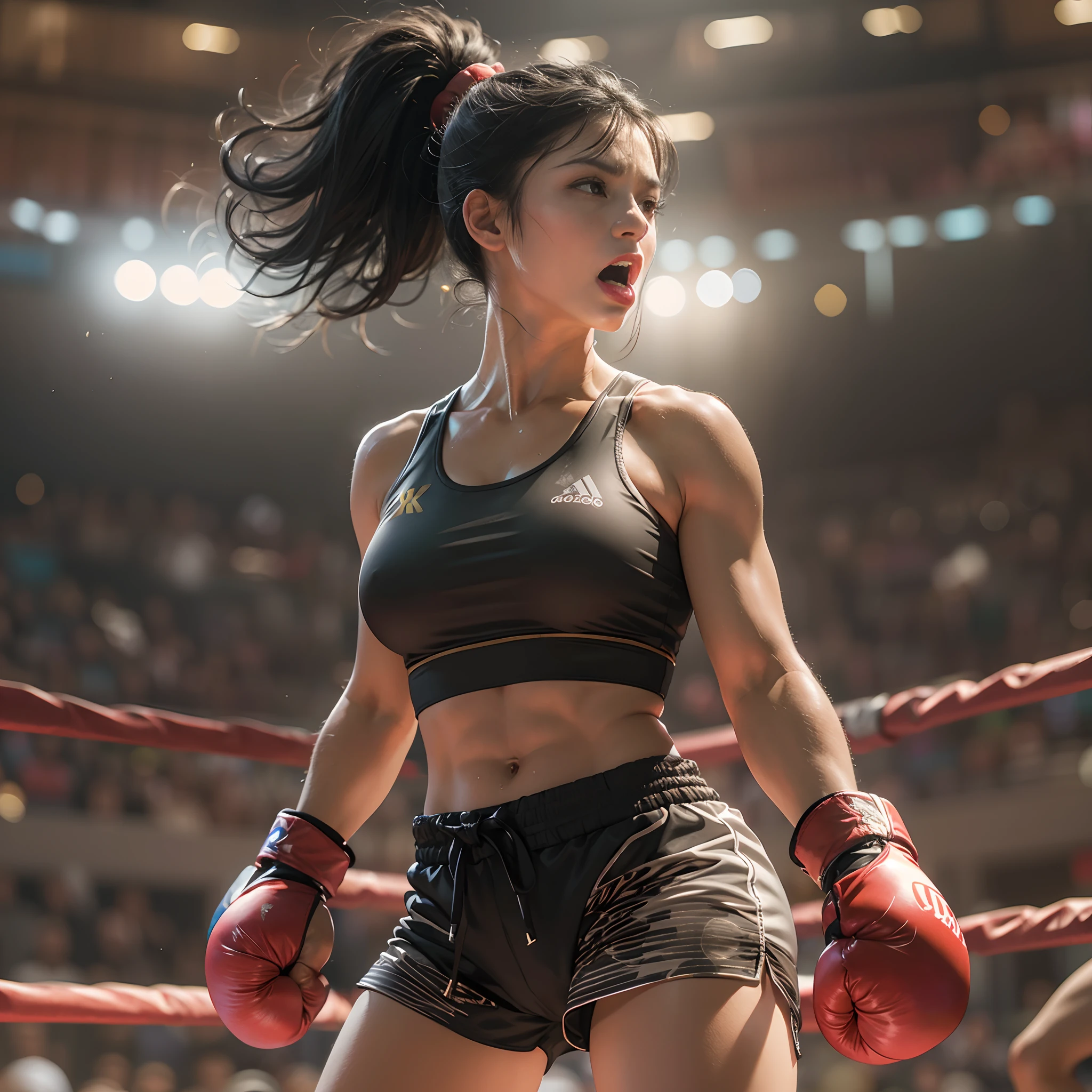 8k, best quality, masterpiece, realistic, real person, Unity 8k wallpaper, (1 girl) , Beautiful eyes, (Delicate face) , Perfect detail, (best lighting) , (super complex details) , (boxing girl) , (sexy), sweat, heavy breathing, ((screaming with big mouth open))))(oppressive aggression) , (boxing ring), athletic shorts, perfect detail, perfect fingers, perfect limbs, impact, (shiny skin), abs, muscles, big tits, waistline,boxing shorts, fist fight, black hair, high ponytail, very long hair, 4k unified, (super detail cg: 1.2), (8k: 1.2), realistic, octane rendering, (((martial arts tournament at the Greek Colosseum))), sunshine strong, audience seats are super full