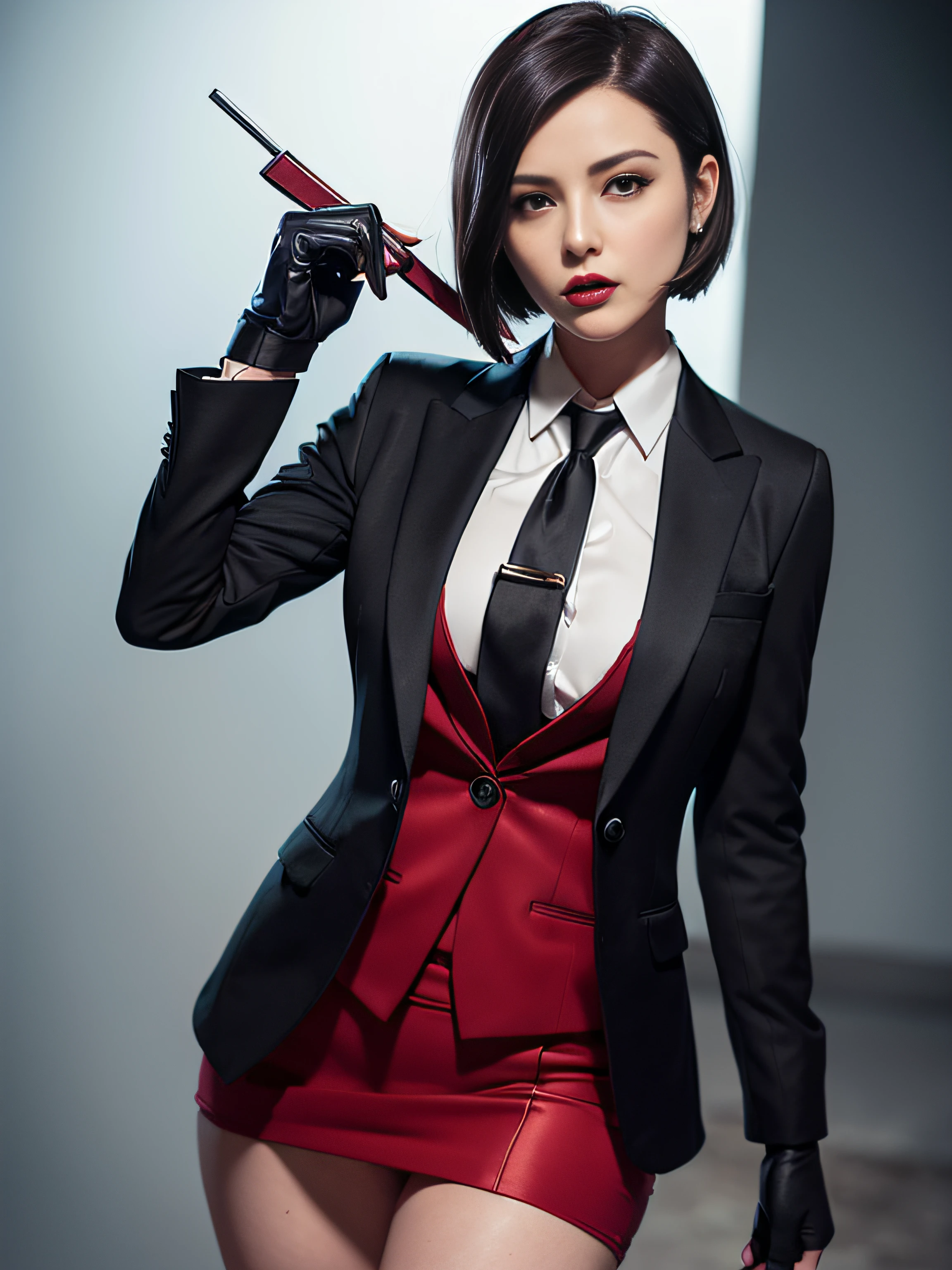 Resident Evil 4, Ada Wong, 1girl, makeup, silky hair, fully clothed, skirt suit, suit and tie, (((three-piece suit))), silk dress shirt, shirt and tie, necktie, ((blazer)), ((suit jacket)) ((waistcoat)), bodycon miniskirt, pantyhose, tights, stockings, ((red lipstick)), ((pinstripe suit)), high heels, belt, tie clip, pocket square, tailored suit, (((black gloves))),