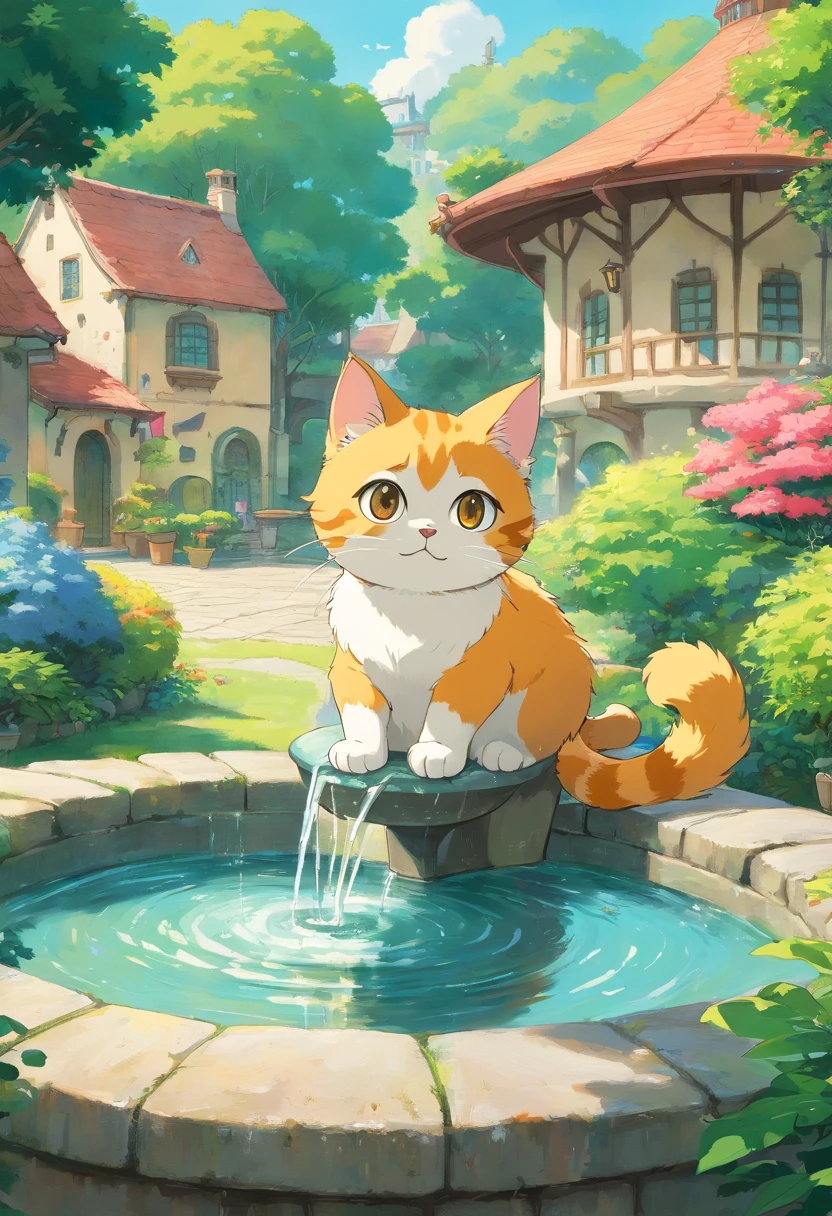 A round-eyed cute cat, Garden fountain, , Distant houses