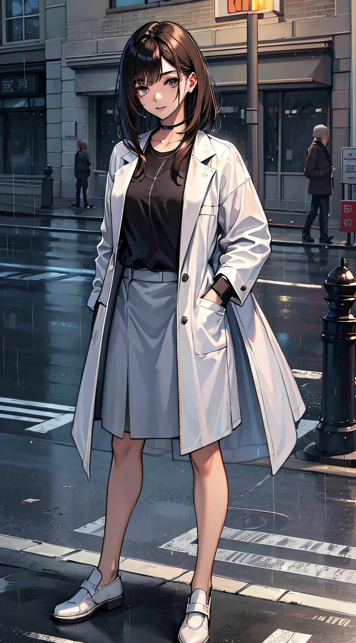 1girl big , short white silver bob hair, pink nipples, transparent white shirt,night city,rain,coat,hands in pockets, far shot view from below
