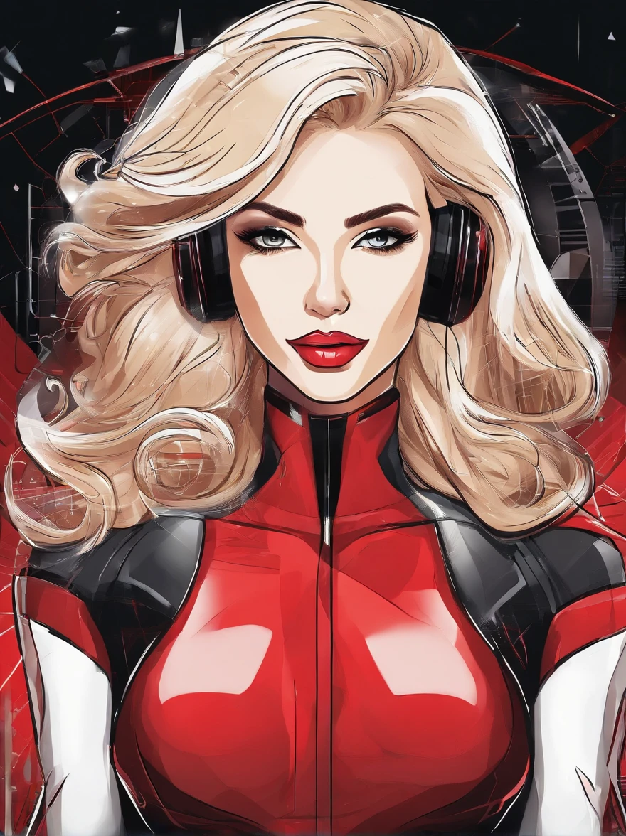 A BEAUTIFUL BLONDE WOMAN, WITH A RED BLOUSE SINGING WITH A MICROPHONE, BLACK BACKGROUND, HYPER REALISTIC, 4K, BEST QUALITY