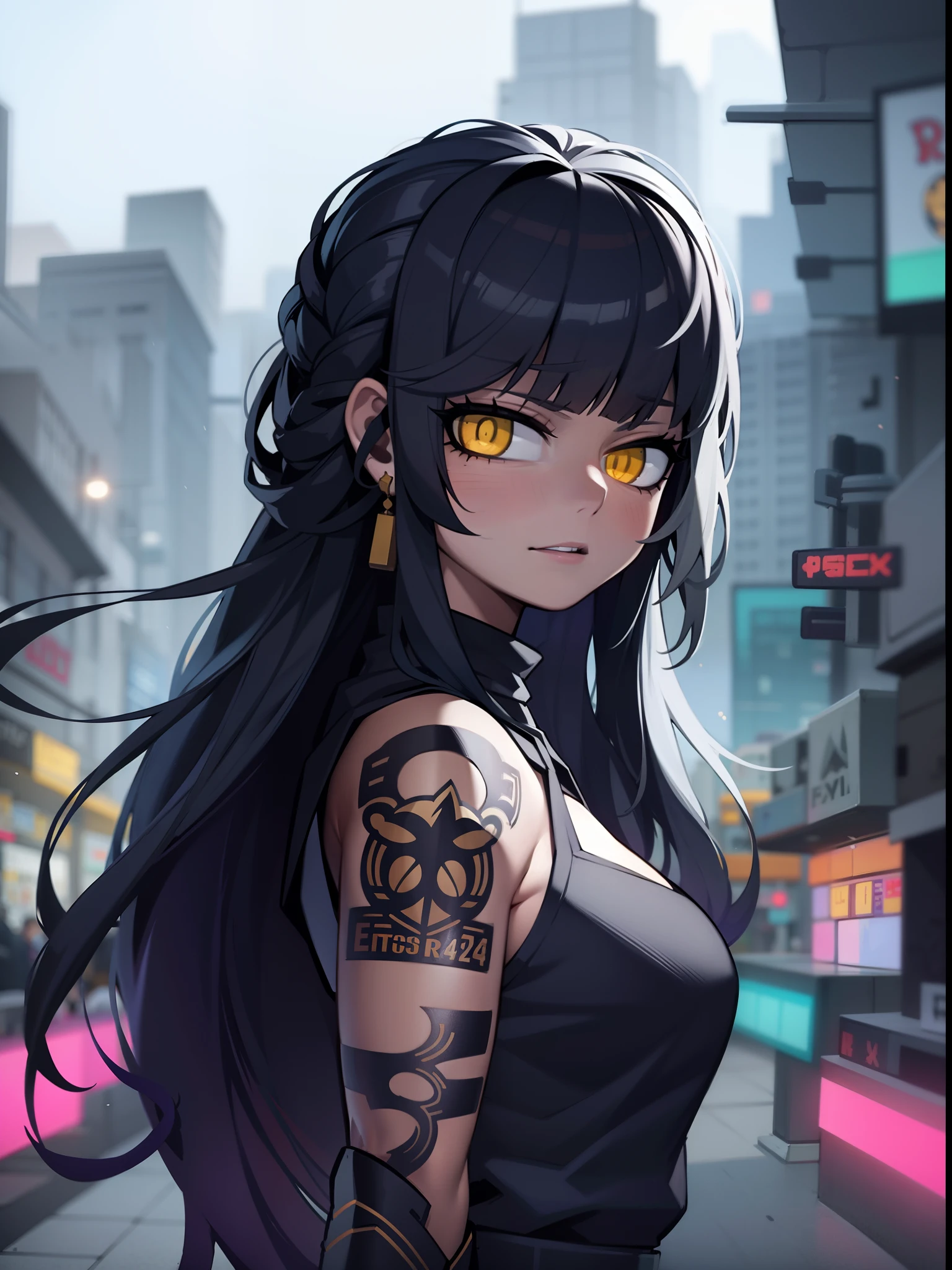 Anime girl with yellow eyes and tattoos on her arm, estilo anime 4K, estilo anime. 8k, anime moe artstyle, badass anime 8 k, Anime Art Wallpaper 8K, arte digital estilo anime, garota anime cyberpunk, Jet Black Haired Menina, Anime Art Wallpaper 4K, Anime Art Wallpaper 4K, Artgerm e Atey Ghailan
