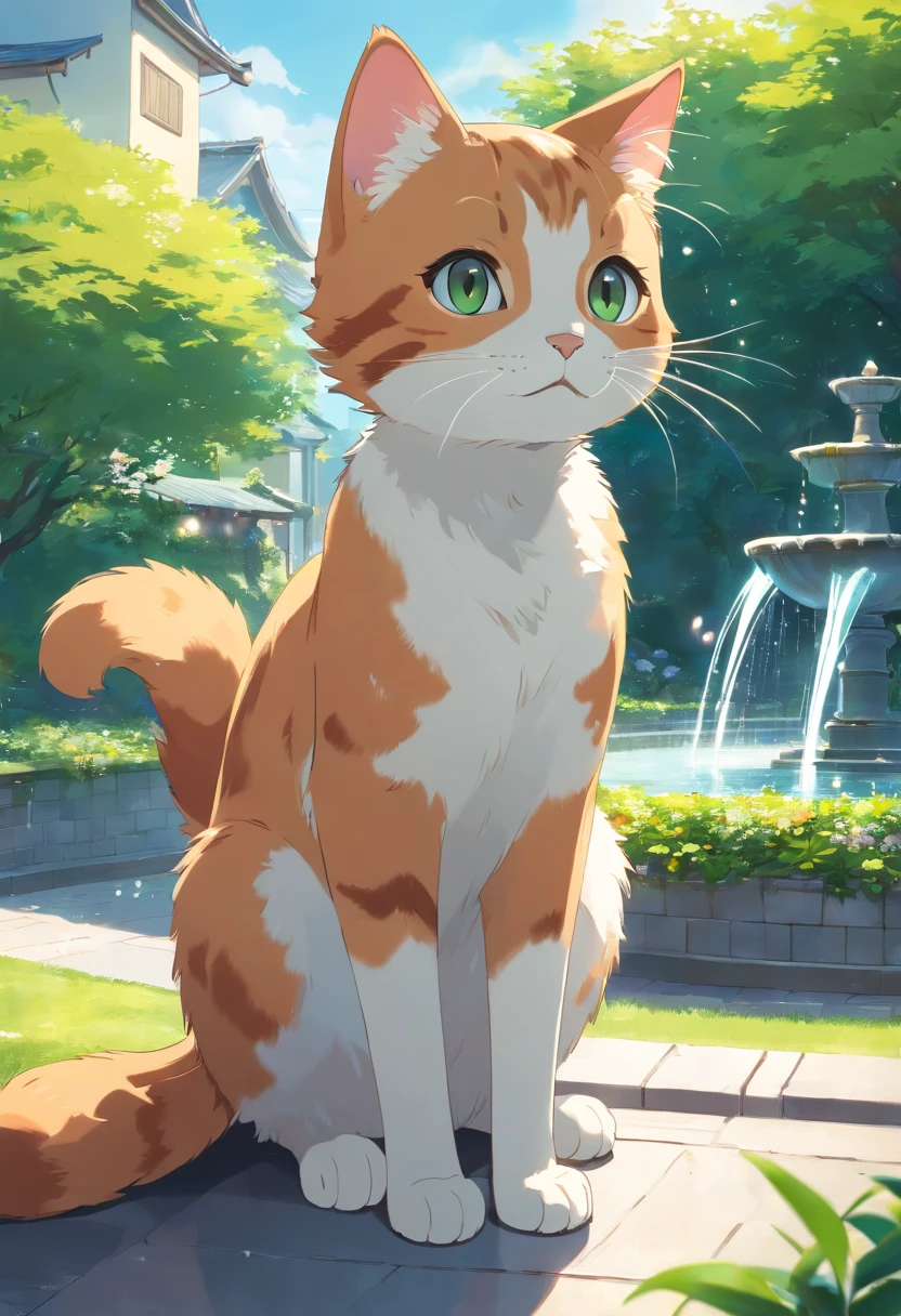 A round-eyed cute cat, Garden fountain, Distant houses