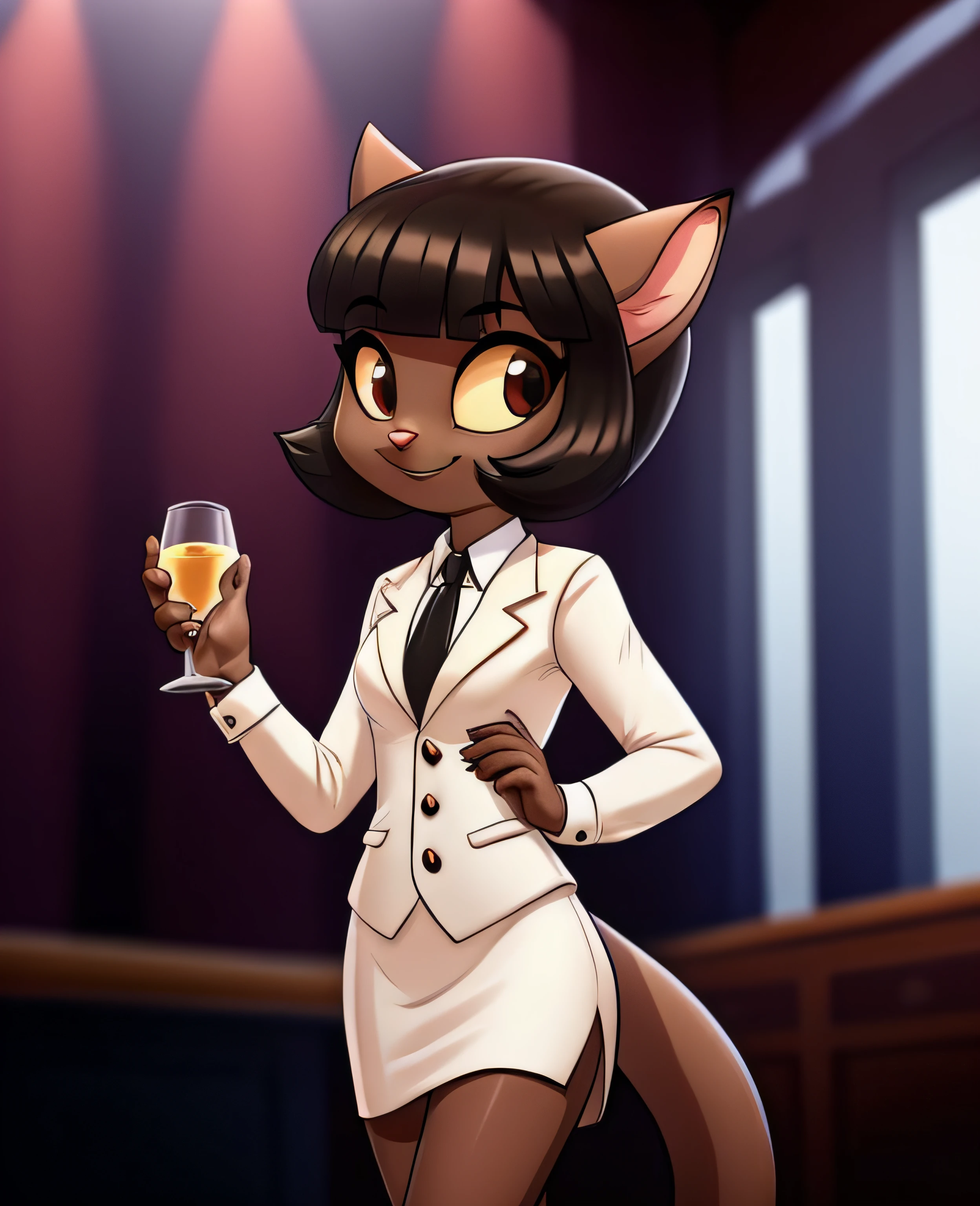 female, (Detailed face), (solo:1.1), [(thin:1.1) : small petite : (ivy pepper):4], (Detailed face), (more details, detailed background:1.1), (tail:1.1), smile, holding a glass in hand, white skirt suit, suit and tie, (((three-piece suit))), silk dress shirt, shirt and tie, striped necktie, ((blazer)), ((suit jacket)), open jacket, ((waistcoat)), bodycon miniskirt, tights,