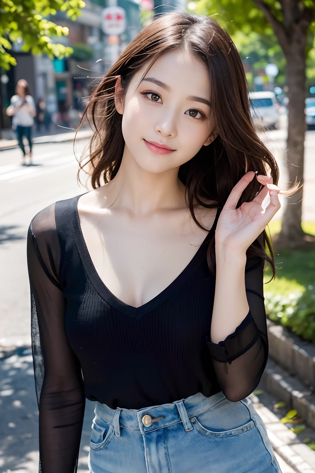 ((top-quality、8K、masterpiece:1.3))、1girl in、A smile、full body Esbian、Slim Faces、Pretty women、(dark brown hair)、Colossal tits,Full-length dresses:1.1、hyperdetailed face、A detailed eye、二重まぶた、blured background、Slim Faces、城市、takeout、a street、