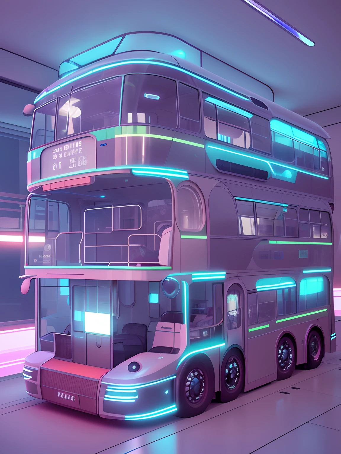 Close-up of double-decker bus，Interior lighting, Casa futurista, 3 d render beeple, Very futuristic, cyberpunk apartment, large futuristic residence, in the style of beeple, cyberpunk apartment, stunning high tech, luxury hd render, beeple rendering, beeple. hyper photorealism, archviz