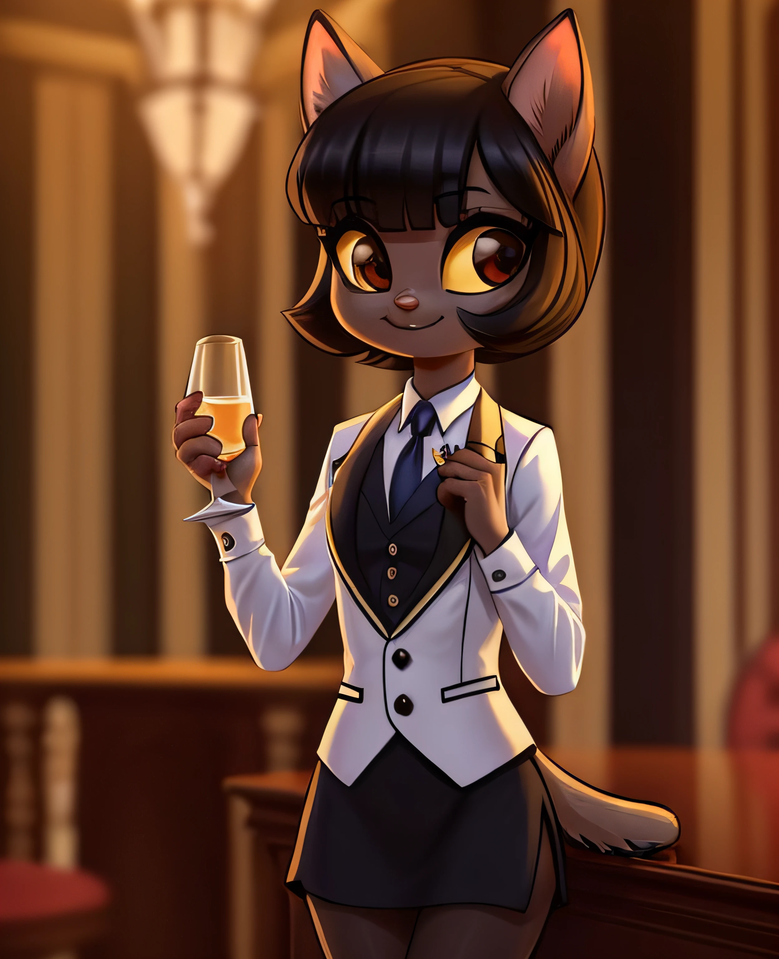 female, (Detailed face), (solo:1.1), [(thin:1.1) : small petite : (ivy pepper):4], (Detailed face), (more details, detailed background:1.1), (tail:1.1), smile, holding a glass in hand, white skirt suit, suit and tie, (((three-piece suit))), silk dress shirt, shirt and tie, striped necktie, ((blazer)), ((suit jacket)), open jacket, ((waistcoat)), bodycon miniskirt, tights,