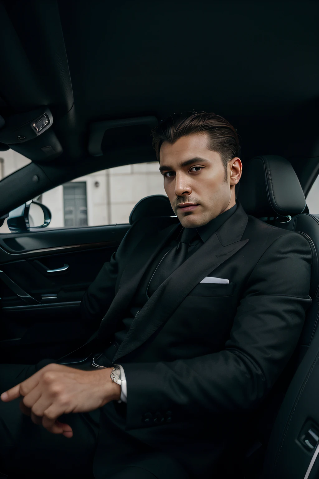 Elegant man sitting in the seat of a supercar, young man, Wearing a suit with the crotch showing his cock draped upwards., Realistic picture, Dark hair, no beard