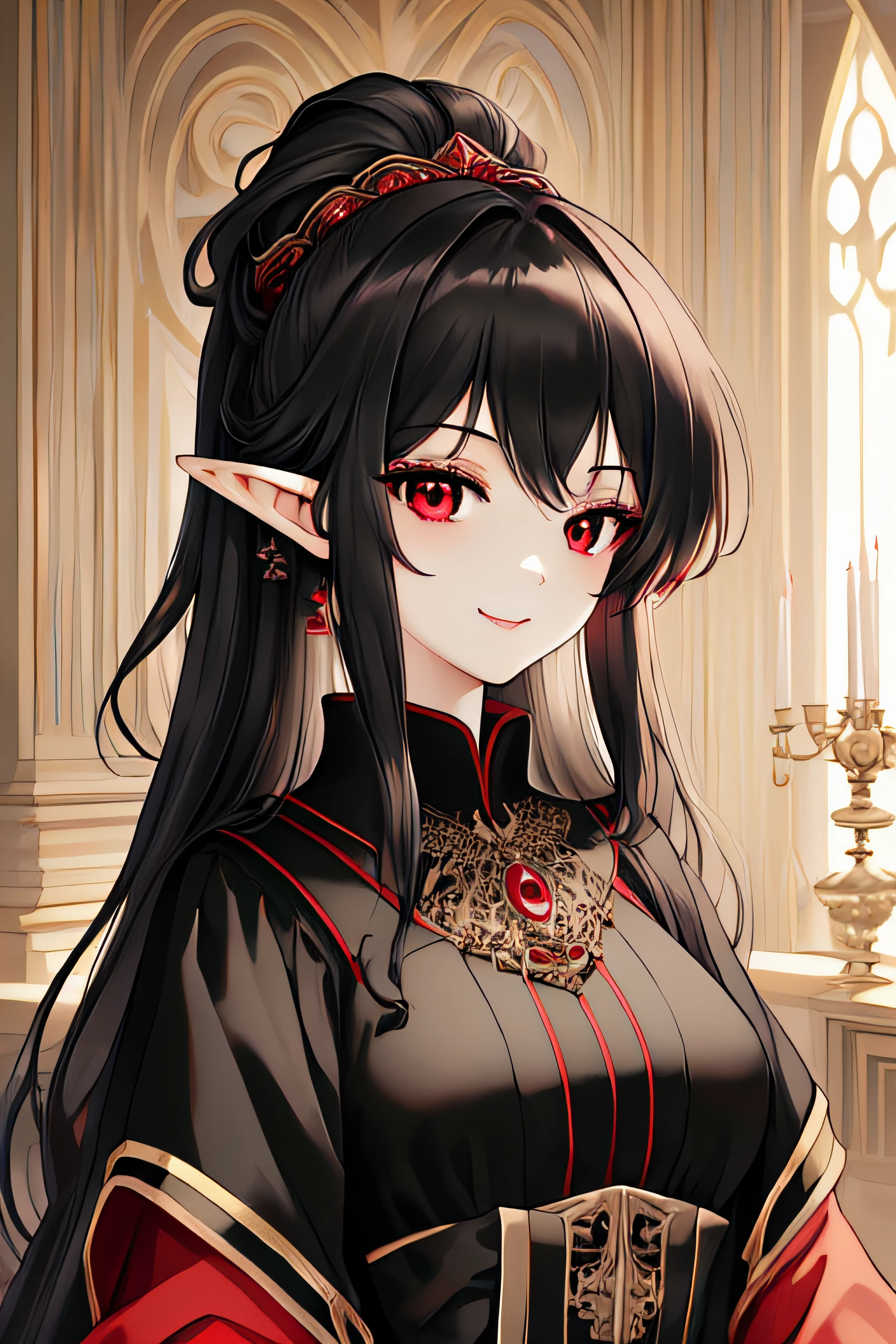 masterpiece, best quality, highres, 1girl, black red dress like princess, wearing a noble's dress, elegant dress, princess, elf, long hair, close up, indoor, ponytail, hair tied with a rope with red dice accessories, red eye, 20age, anime style, black hair with red inside, boob E cup, loking at viewer, loking at camera, looking forward with a smile