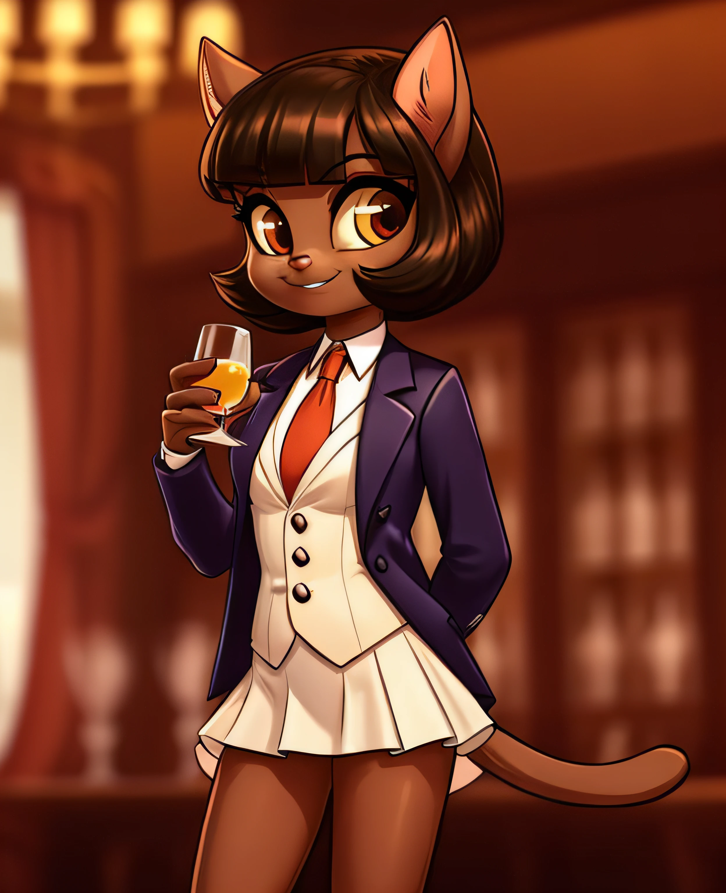 female, (Detailed face), (solo:1.1), [(thin:1.1) : small petite : (ivy pepper):4], (Detailed face), (more details, detailed background:1.1), (tail:1.1), smile, holding a glass in hand, white skirt suit, suit and tie, (((three-piece suit))), silk dress shirt, shirt and tie, striped necktie, ((blazer)), ((suit jacket)), open jacket, ((waistcoat)), bodycon miniskirt, tights,