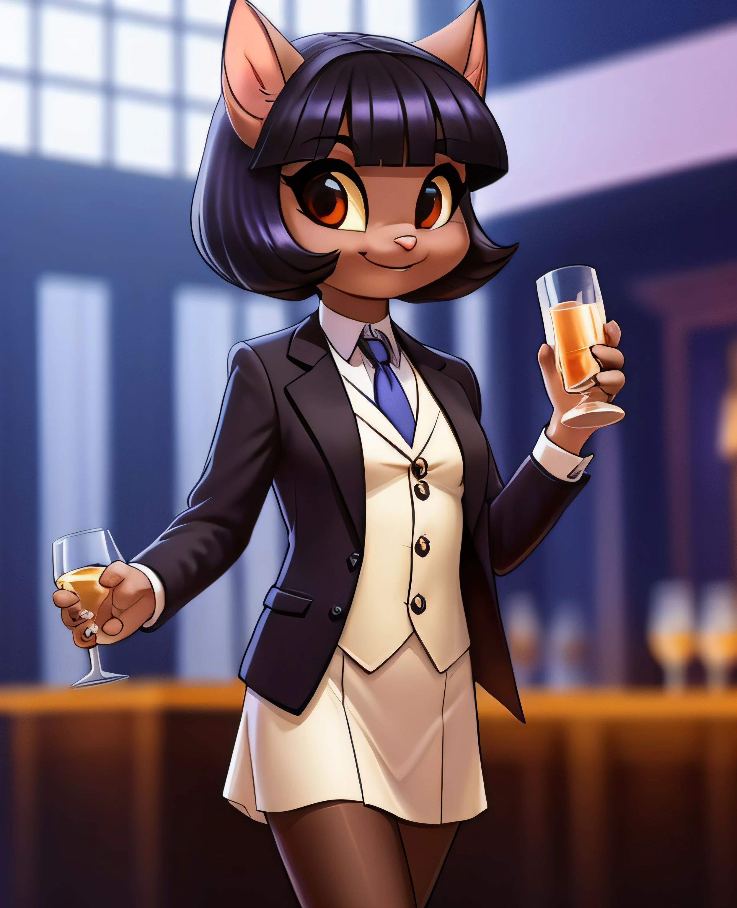 female, (Detailed face), (solo:1.1), [(thin:1.1) : small petite : (ivy pepper):4], (Detailed face), (more details, detailed background:1.1), (tail:1.1), smile, holding a glass in hand, white skirt suit, suit and tie, (((three-piece suit))), silk dress shirt, shirt and tie, striped necktie, ((blazer)), ((suit jacket)), open jacket, ((waistcoat)), bodycon miniskirt, tights,