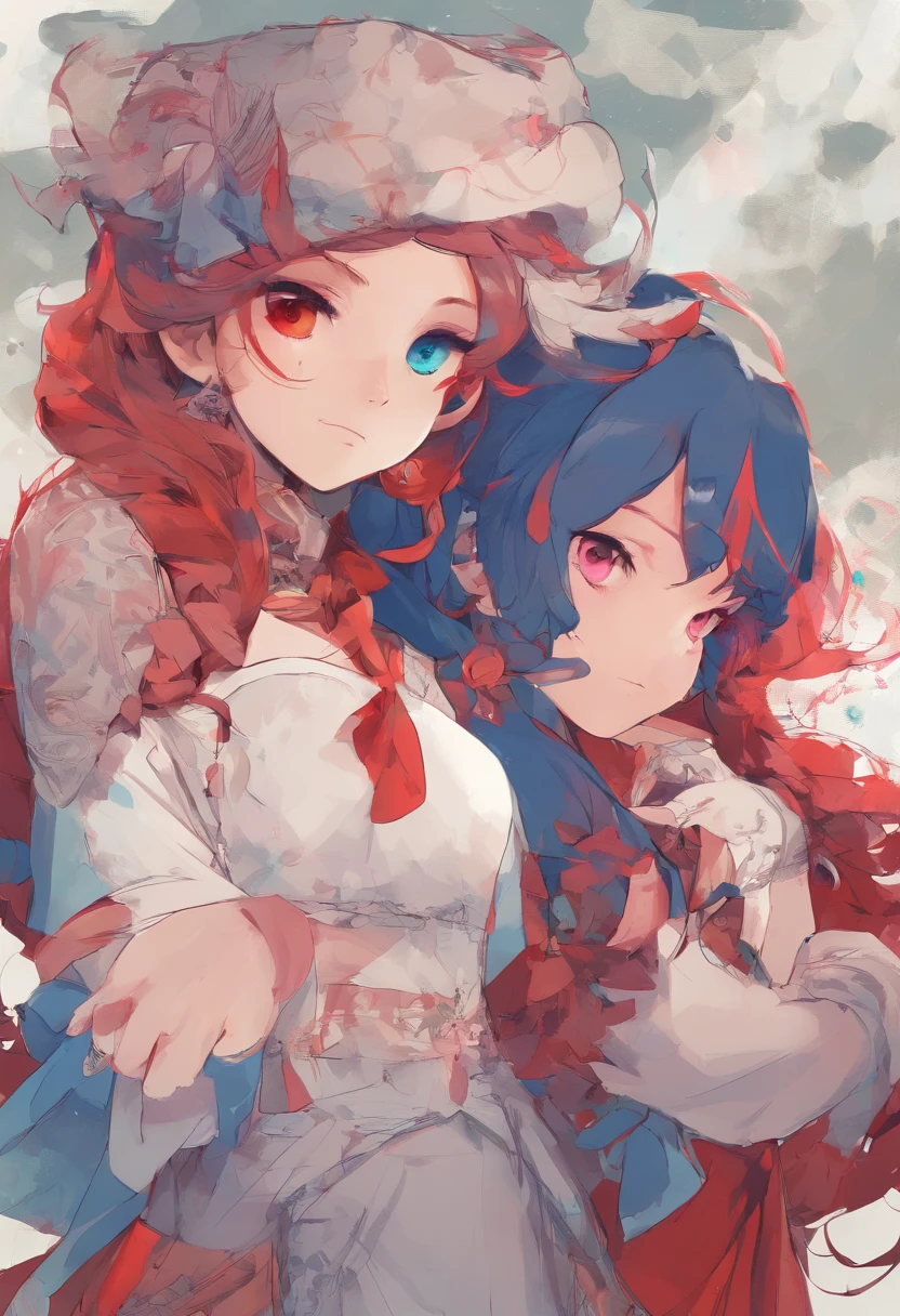 Red-eyed red-haired beautiful girl and blue-eyed blue-haired beautiful girl, chum, onepiece