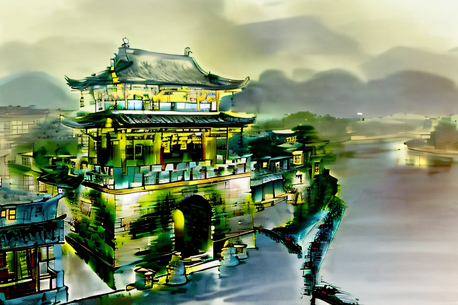 Arafeld architecture,At night there is a tower by the river, Ancient Chinese architecture, dreamy Chinese towns, Chinese architecture, ancien chinese tower, cyberpunk chinese ancient castle, Chinese style buildings, Song Dynasty, zhouzhuang ancient town, author:Arthur Penn, Chinese palaces, hard morning light, author:Ann Text, building along a river, Chinese tradition