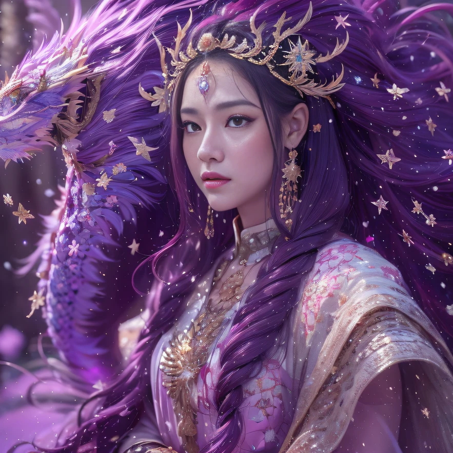 32K（tmasterpiece，k hd，hyper HD，32K）Purple-pink flowing hair，Gold jewelry area in the back room，King Girl ，Rusty Copper Dragon Protector （realisticlying：1.4），Python pattern robe，Purple-pink tiara，Snowflakes fluttering，The background is pure，Hold your head high，Be proud，The nostrils look at people， A high resolution， the detail， RAW photogr， Sharp Re， Nikon D850 Film Stock Photo by Jefferies Lee 4 Kodak Portra 400 Camera F1.6 shots, Rich colors, ultra-realistic vivid textures, Dramatic lighting, Unreal Engine Art Station Trend, cinestir 800，Hold your head high，Be proud，The nostrils look at people，Tsundere，Snowflakes fluttering，Snowflakes fluttering，Snowflakes fluttering，Snowflakes fluttering，Impeccable，( reasonable design, Clear lines, High sharpness,Best quality, Very detailed, Masterpiece, offcial art, movie light effect, 4K )