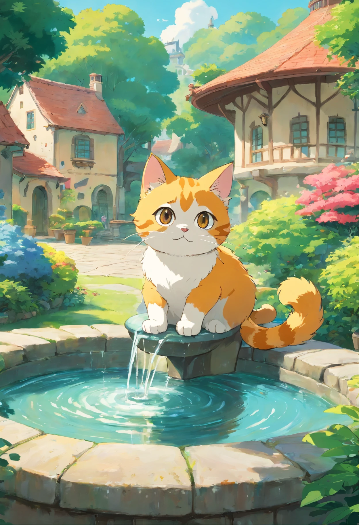 A round-eyed cute cat, Garden fountain, , Distant houses