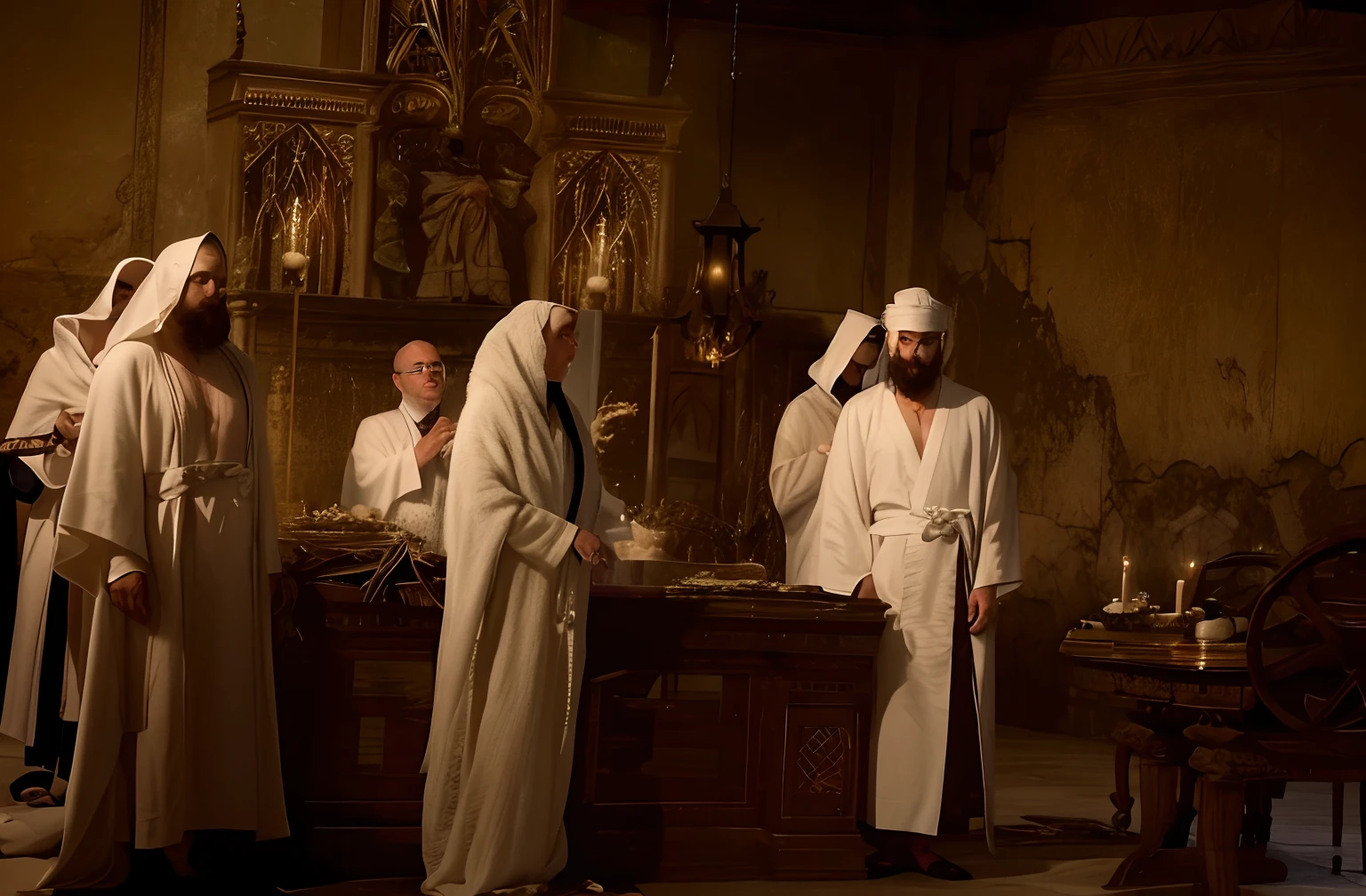Several people in white robes are standing around the table, robed figures sat around a table, dressed in white robes, white robes, clad in robes, wearing a white robe, Ancient kings in white robes, covered in robes, wearing robe, flowing white robes, religious robes, golden-white robes, wearing a white robe!, wearing flowing robes, in robes,Dark depiction of photos 8K,Dark atmosphere, Professional Photography, hight resolution, Advanced analytics,Vivid depiction of human face,Dangerous rituals、Draw the face clearly、Vivid depiction of the face of the person wearing the robe、4K