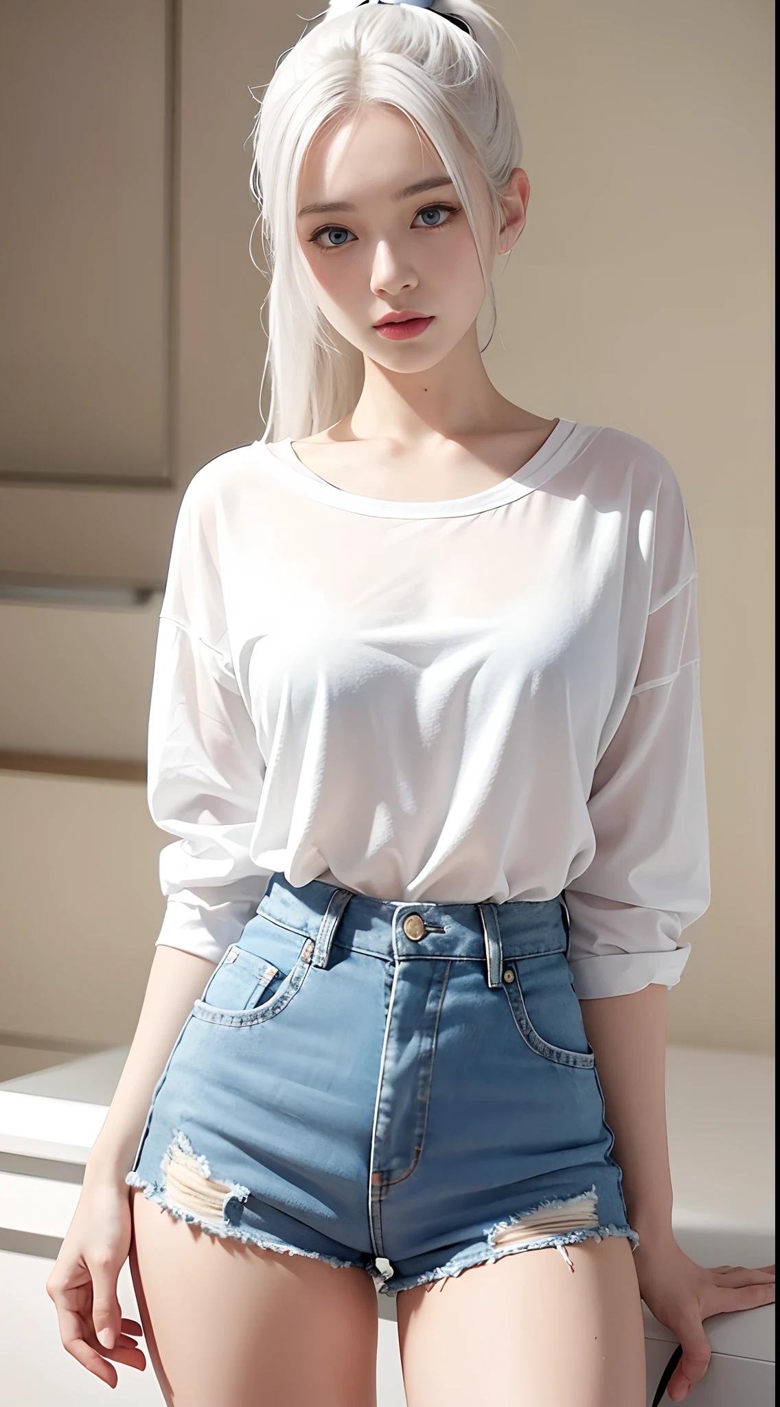Realistic, high resolution, 1 girl, ponytail white hair, korean, blue eyes, shirt, skinny denim shorts, mid-chest, thin waist, thighs