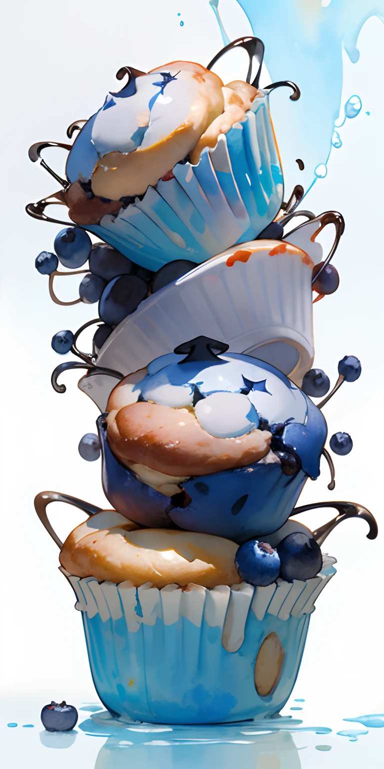 a blueberry muffin、bloo、Refrigeration effect、clean style with white background , Ultra-realistic food images、Complete theme shown in the picture、Randy Post、surrealistic」、surrealistic"、high-resolution photo, watercolor illustrations
